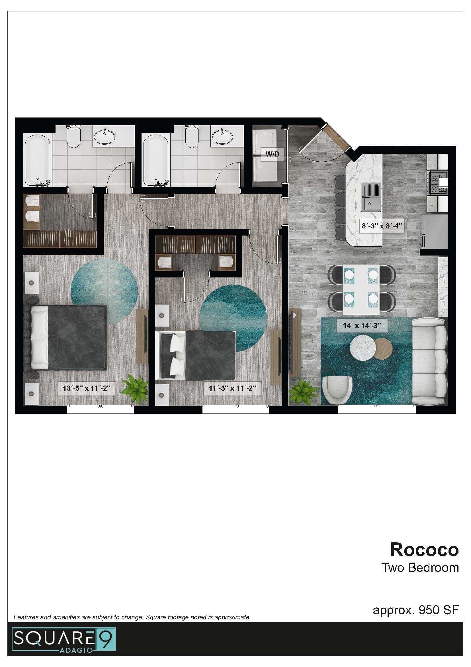 Floor plan: Rococo Two bedroom apartment with open kitchen, dining, and living area.