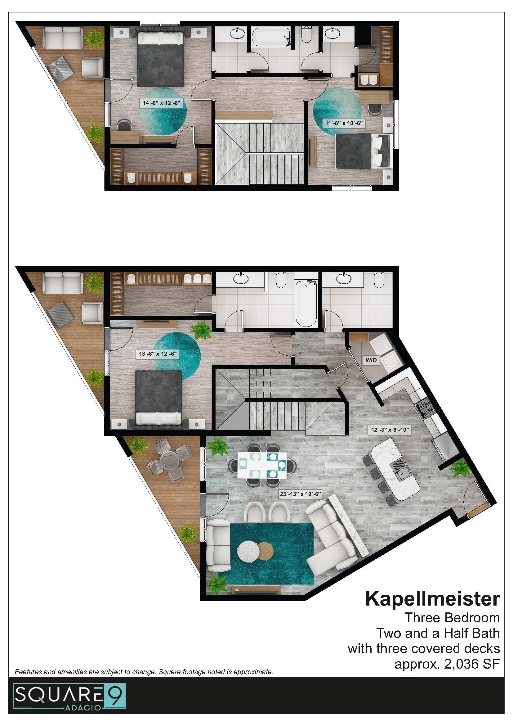 Floor plan: Two-story apartment, featuring bedrooms, living areas, and outdoor spaces with furniture layouts.
