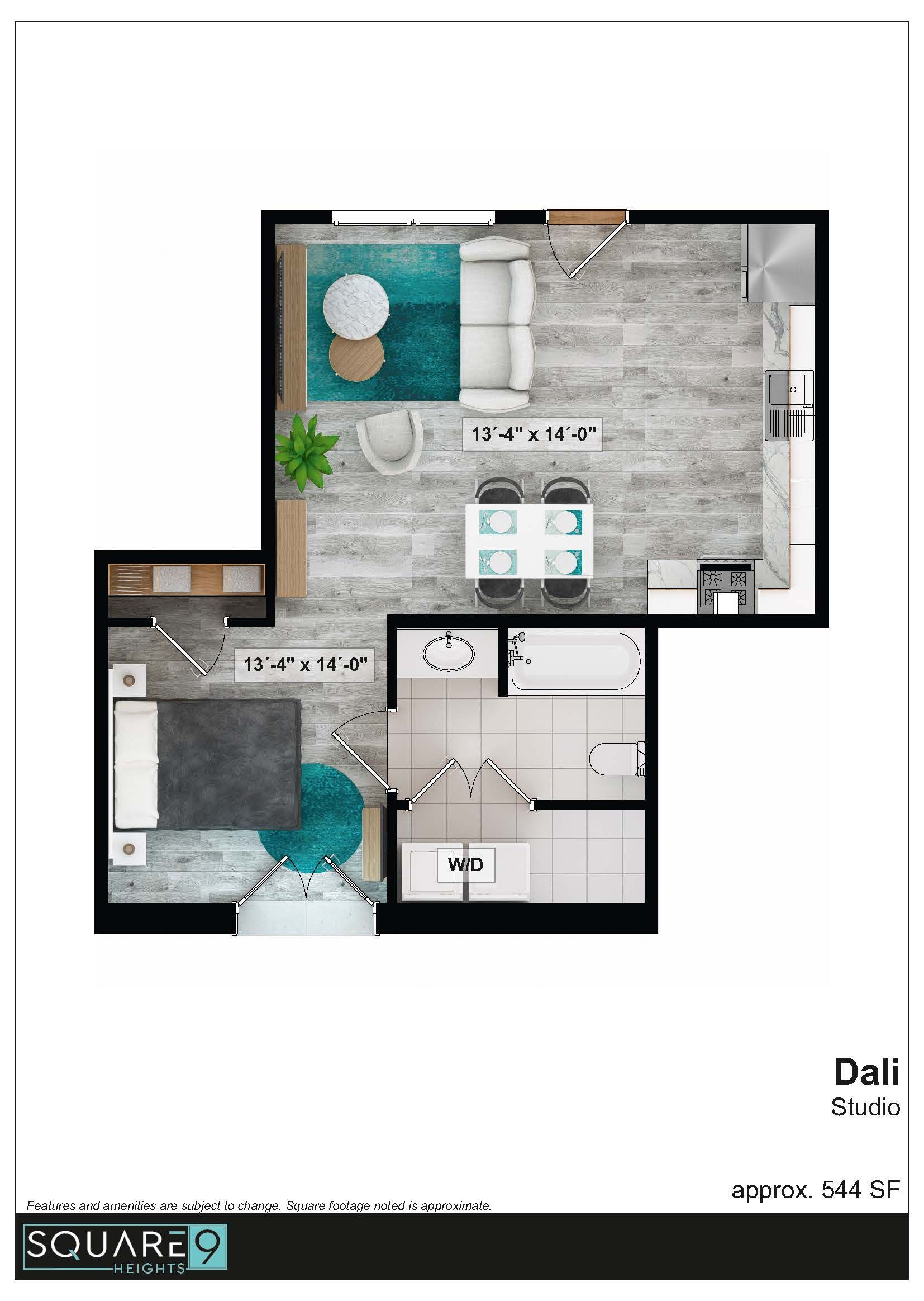 Floor plan of a studio apartment, featuring living, dining, kitchen, bedroom, and bathroom spaces.