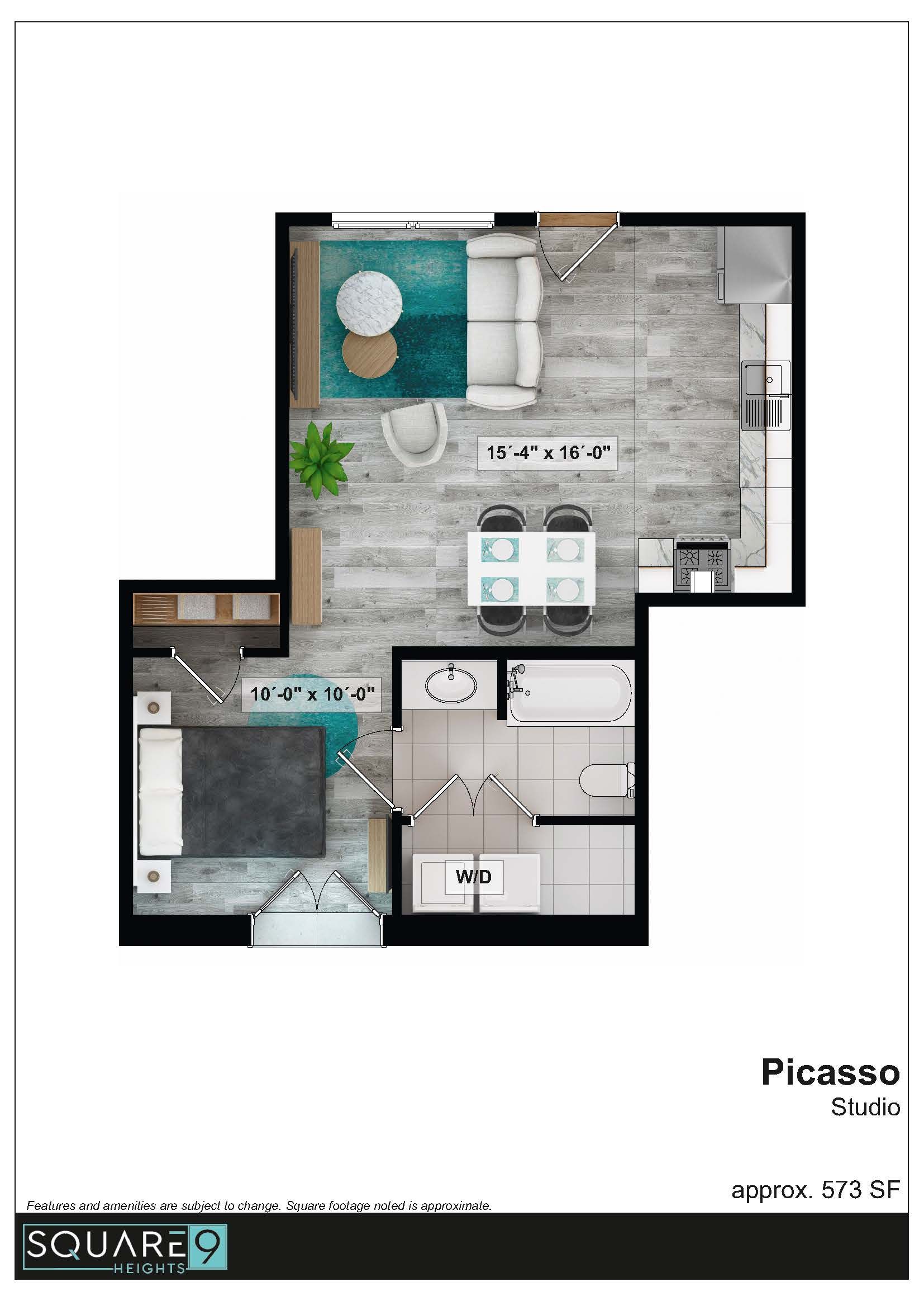 Floor plan: modern apartment layout, featuring living, dining, kitchen, bedroom, and bathroom spaces.