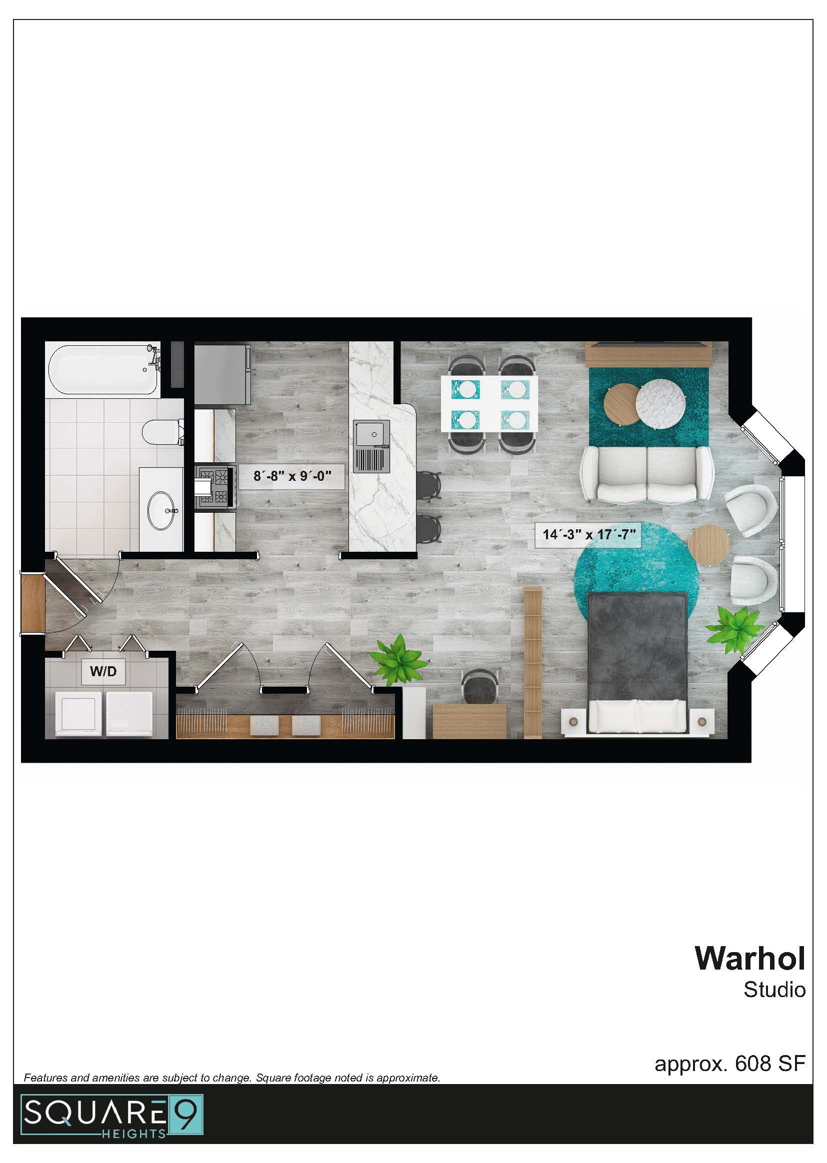 Floor plan of a studio apartment, featuring a kitchen, living area, bedroom, and bathroom.