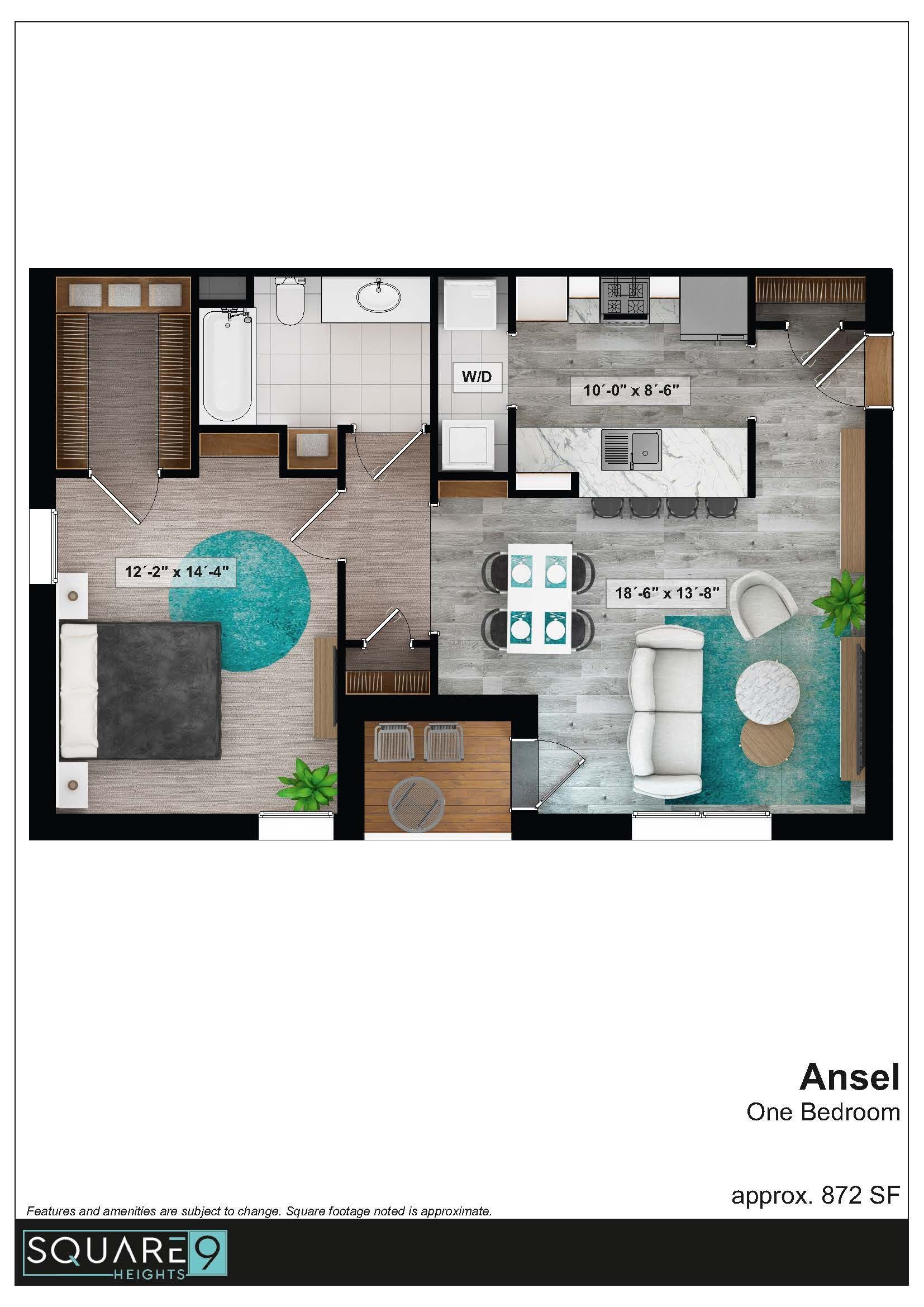 Floor plan of a modern apartment with a bedroom, bathroom, kitchen, dining area, and living room.