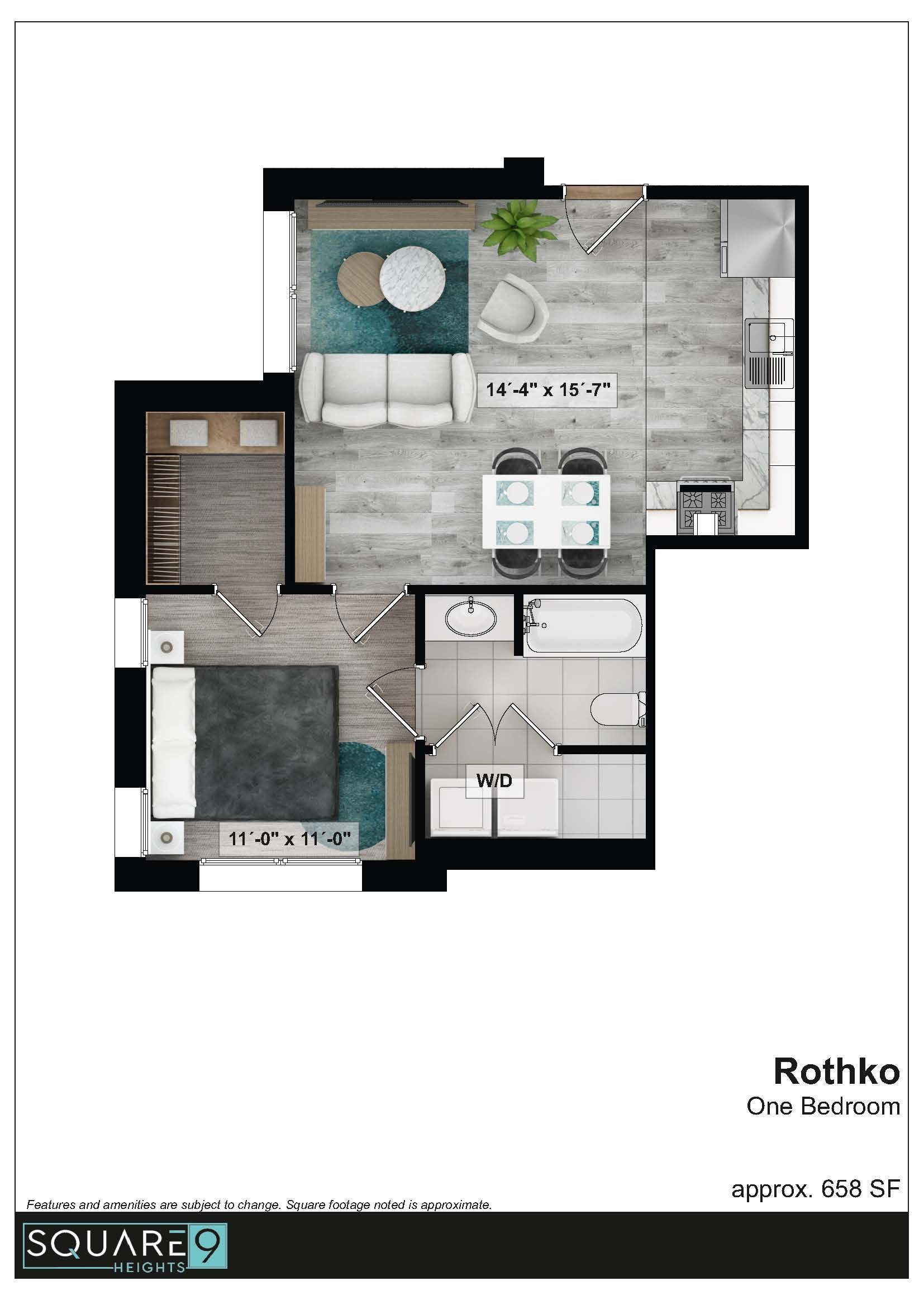 Floor plan of a one-bedroom apartment with a living room, dining area, kitchen, bathroom, and bedroom.