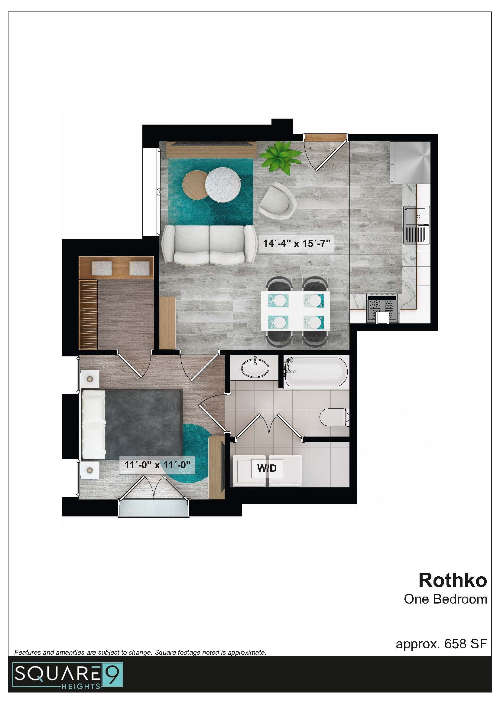 Floor plan of a one-bedroom apartment with living, dining, and bathroom areas.