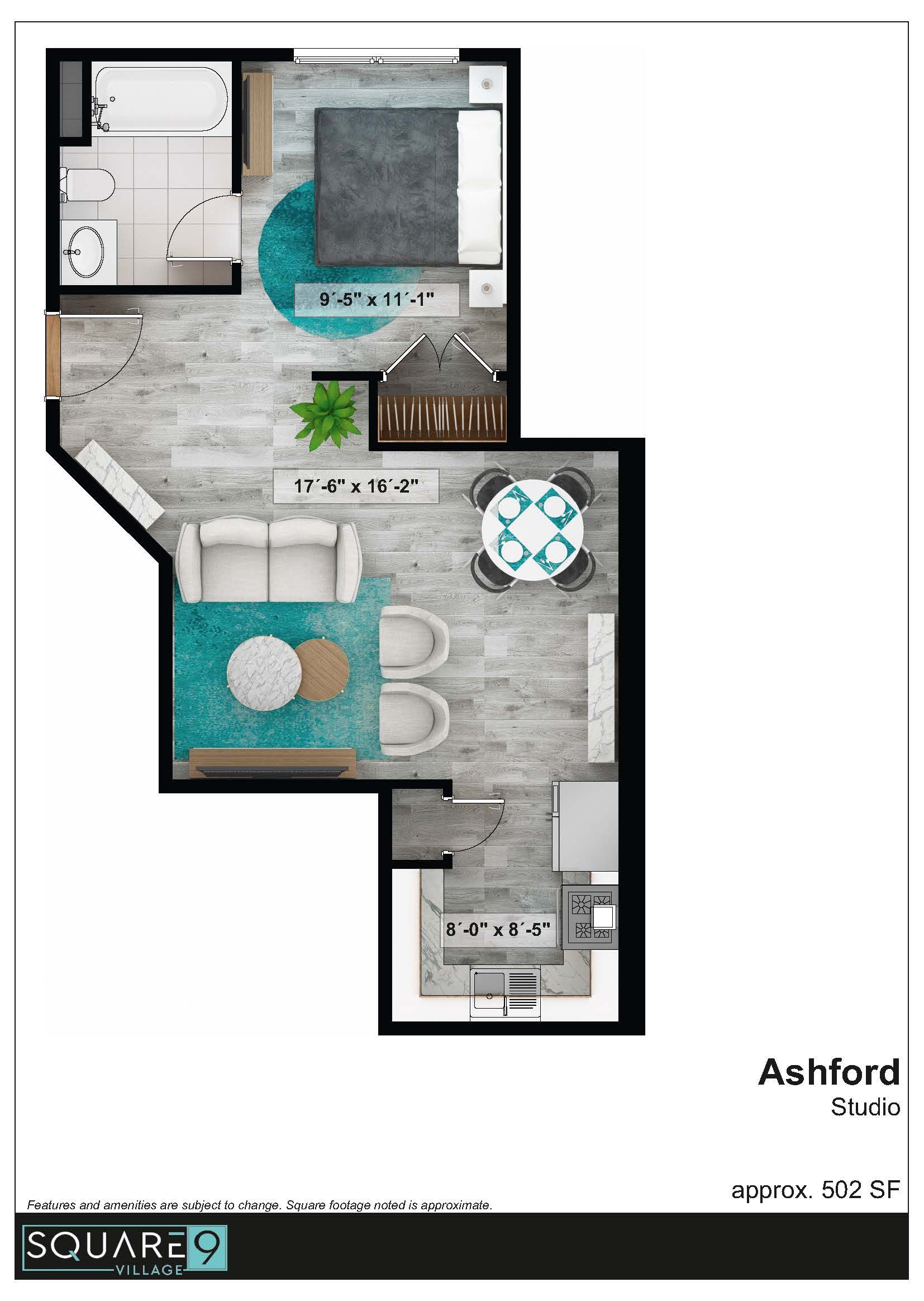 Floor plan of a studio apartment with a bedroom, living area, kitchen, and bathroom.
