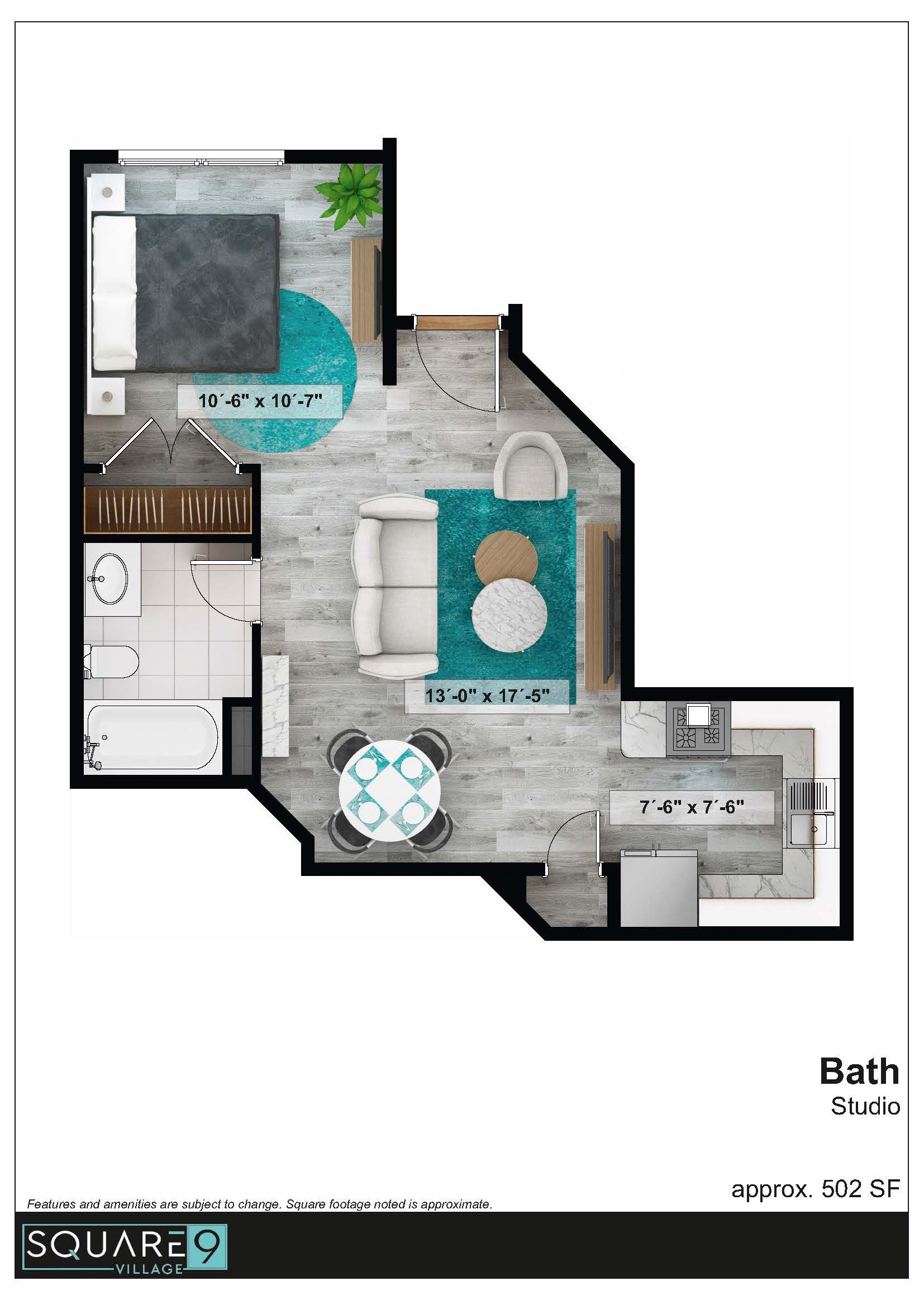 Floor plan of a small apartment: bedroom, living area, kitchen, and bathroom; gray and teal color scheme.