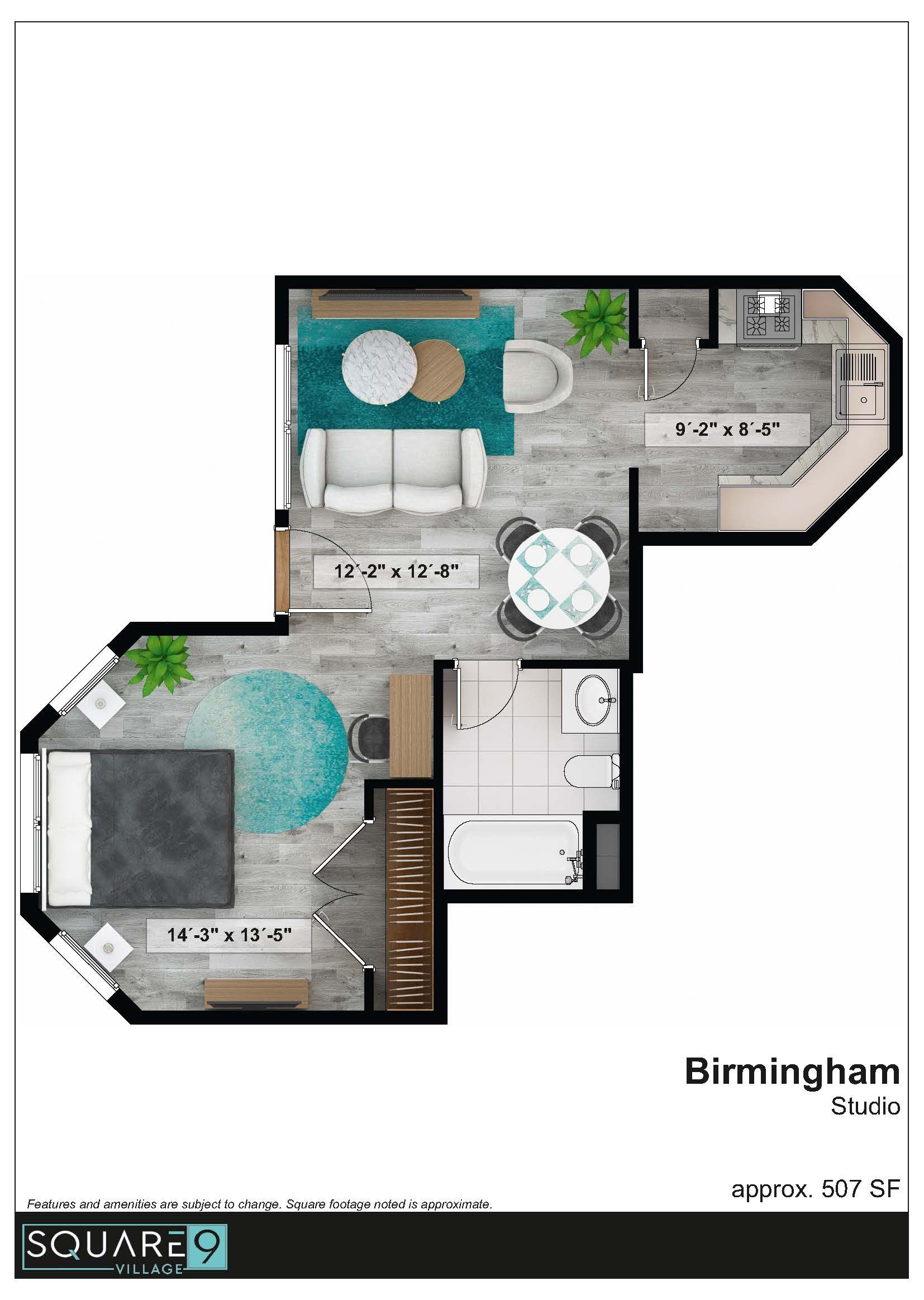 Floor plan of an apartment with a living room, dining area, kitchen, bedroom, and bathroom; modern style.