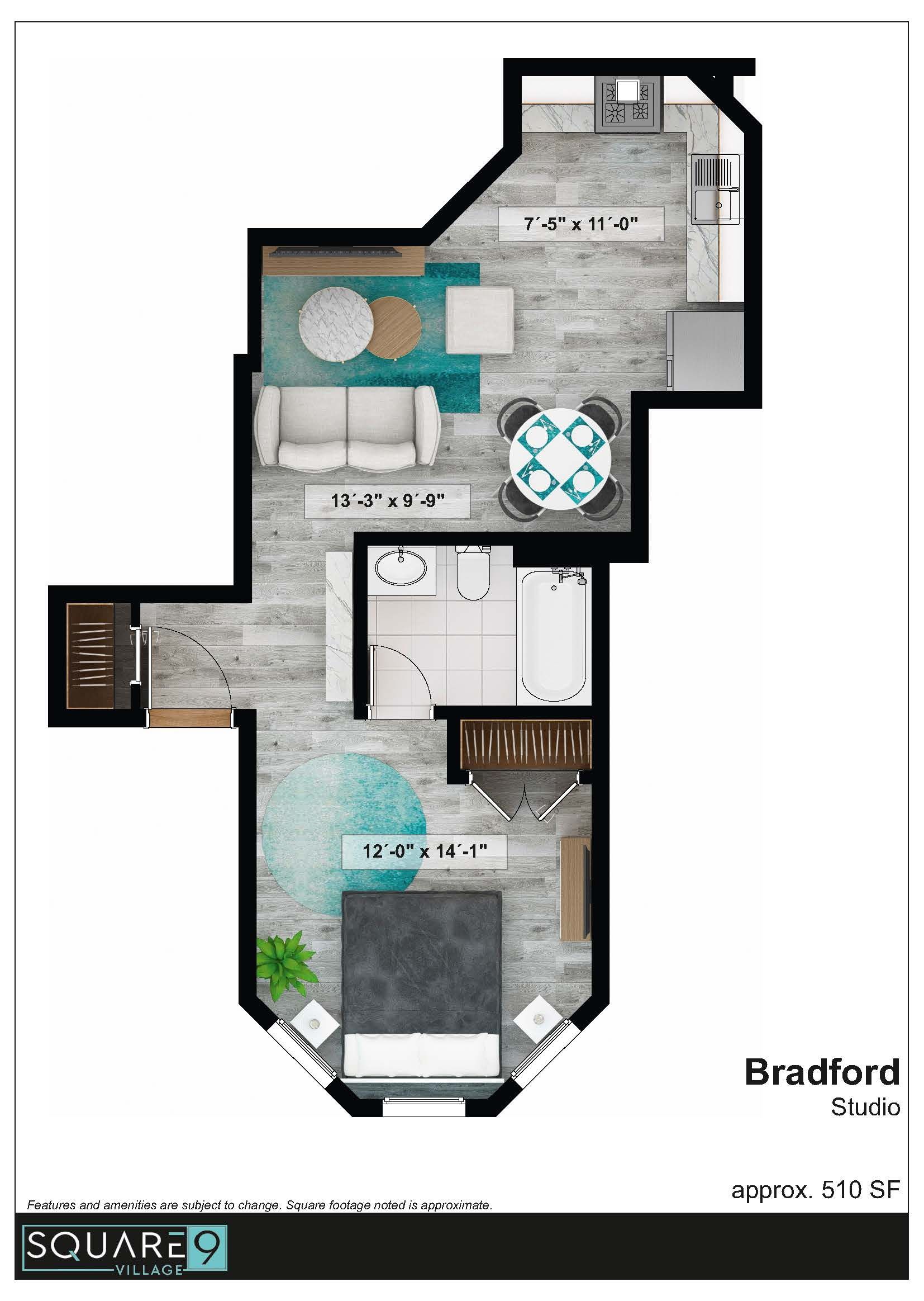Floor plan of a studio apartment, featuring a living area, kitchen, bedroom, and bathroom.