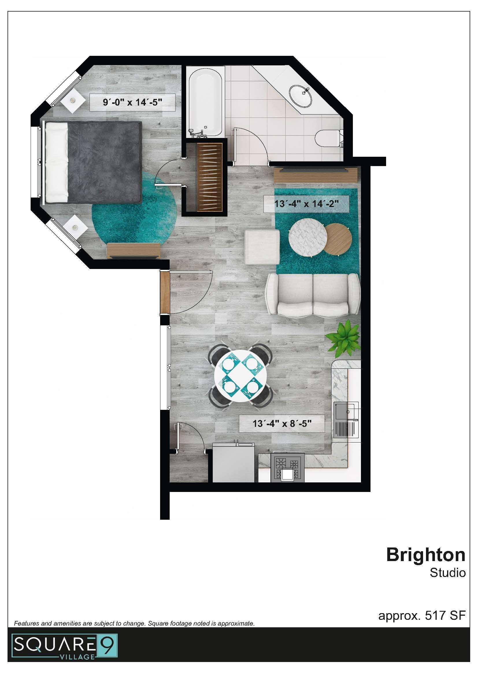 Floor plan of a studio apartment, featuring bedroom, bathroom, living room, and dining area with furniture.