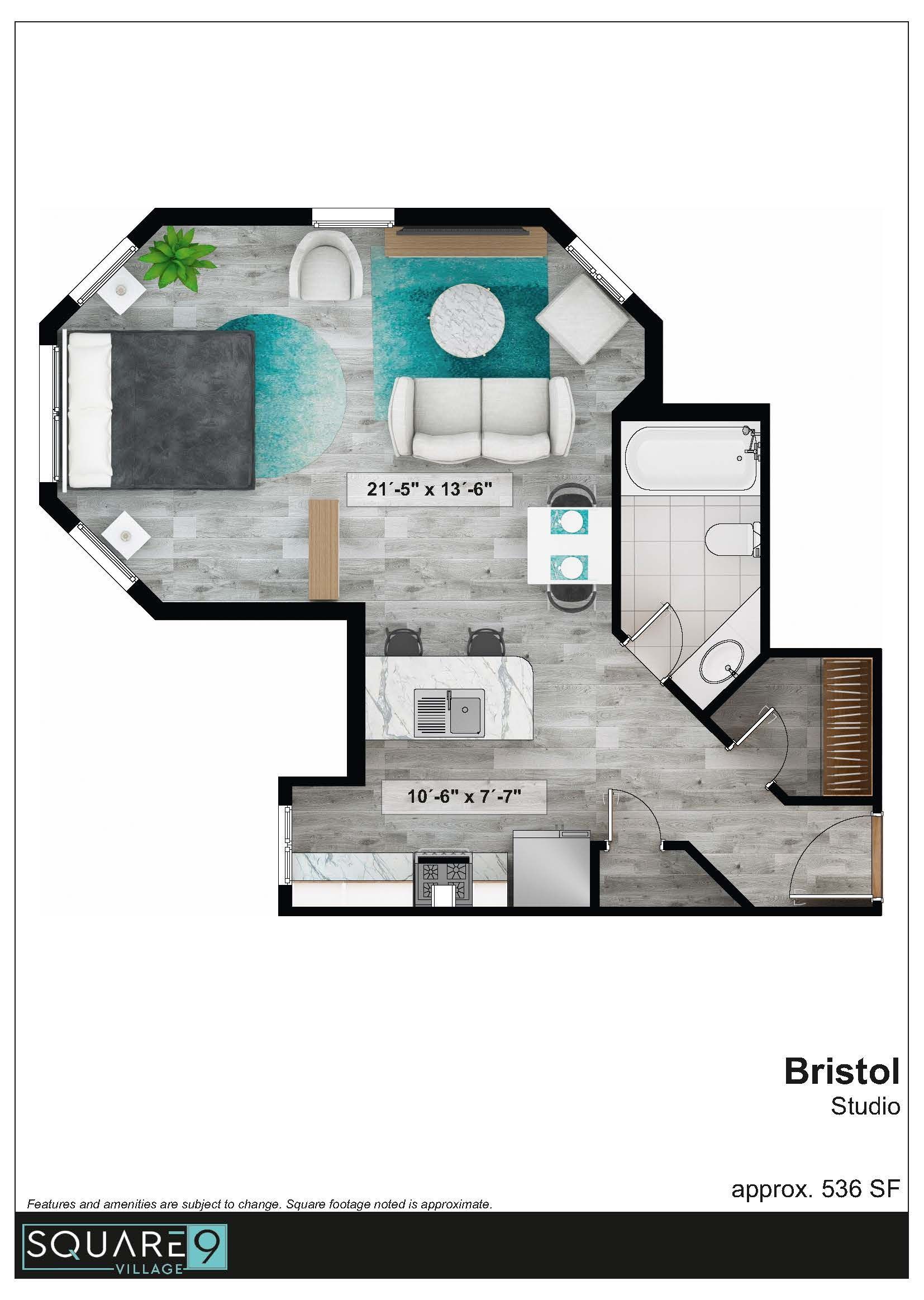Floor plan of a Bristol apartment, featuring a bedroom, living area, kitchen, and bathroom; gray and blue accents.