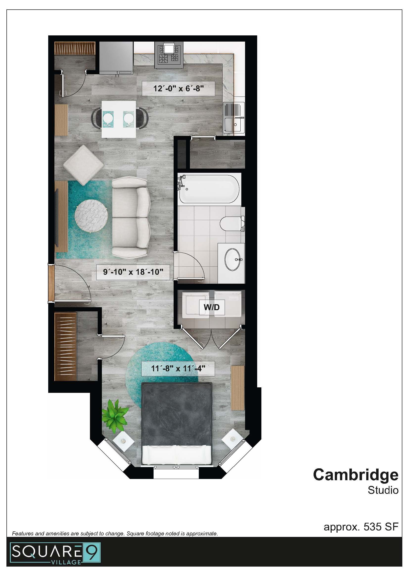 Floor plan of a studio apartment, featuring a kitchen, living area, bathroom, and bedroom, with light blue and gray tones.
