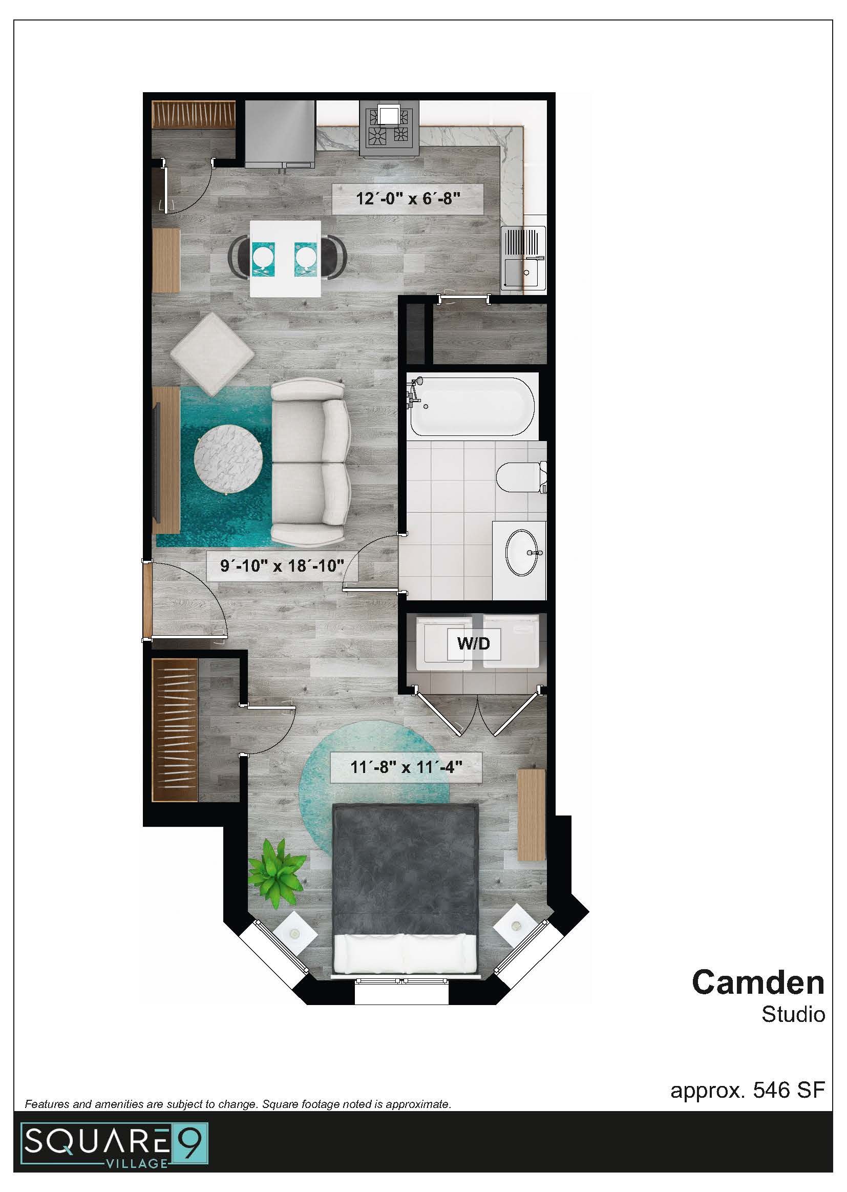 Floor plan of a studio apartment, including a bedroom, kitchen, living area, and bathroom.