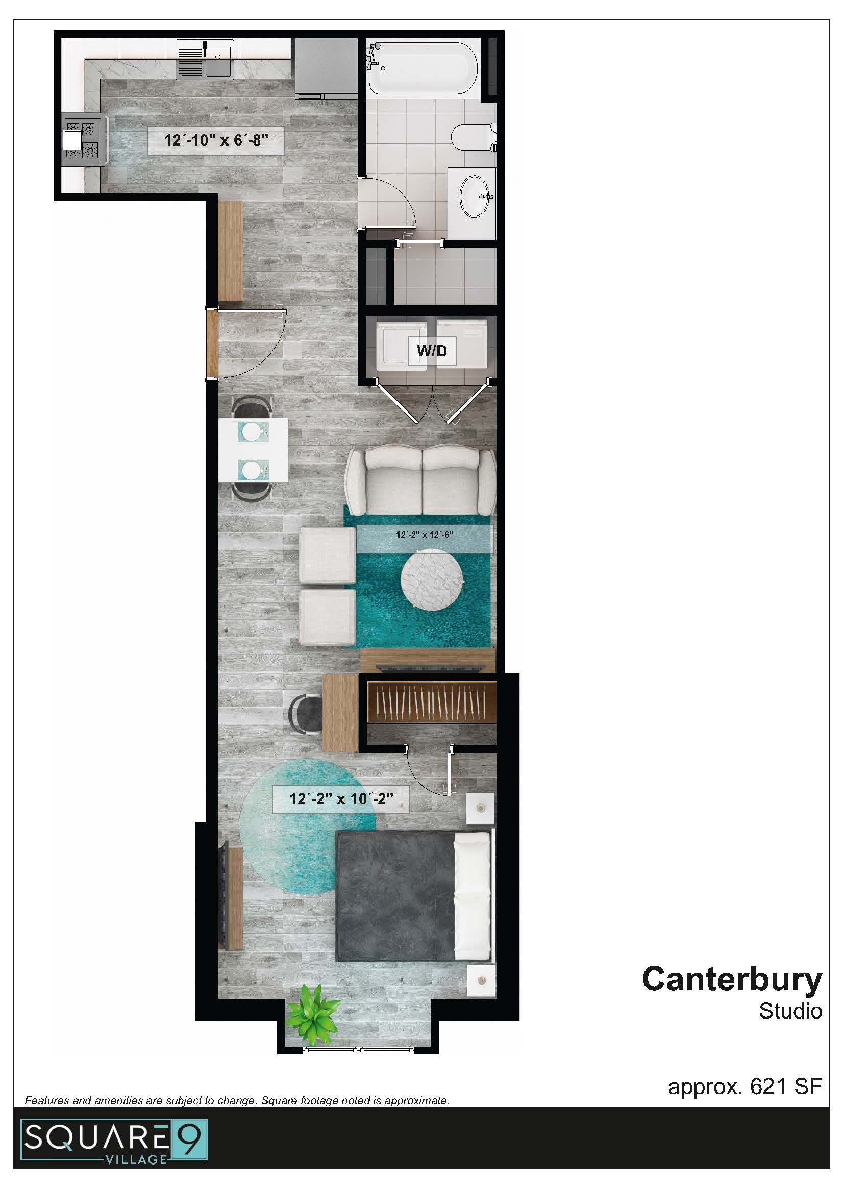 Floor plan: Studio apartment layout with kitchen, living area, bed, and bath.