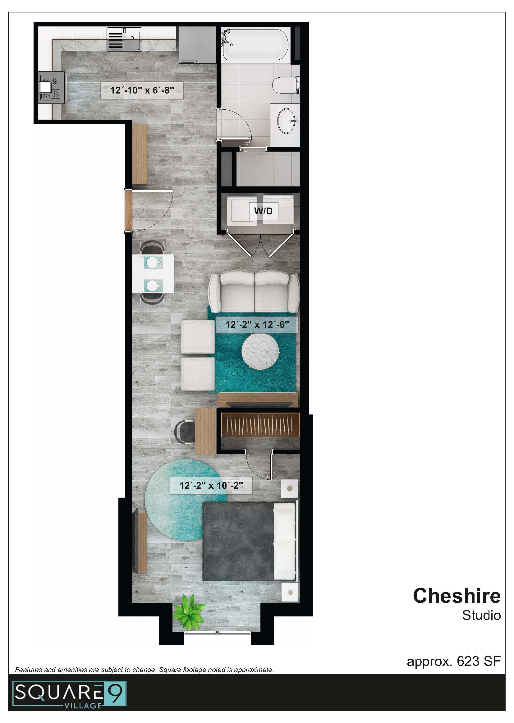 Floor plan of a long, narrow studio apartment with a kitchen, living area, and bedroom, decorated in neutral tones.