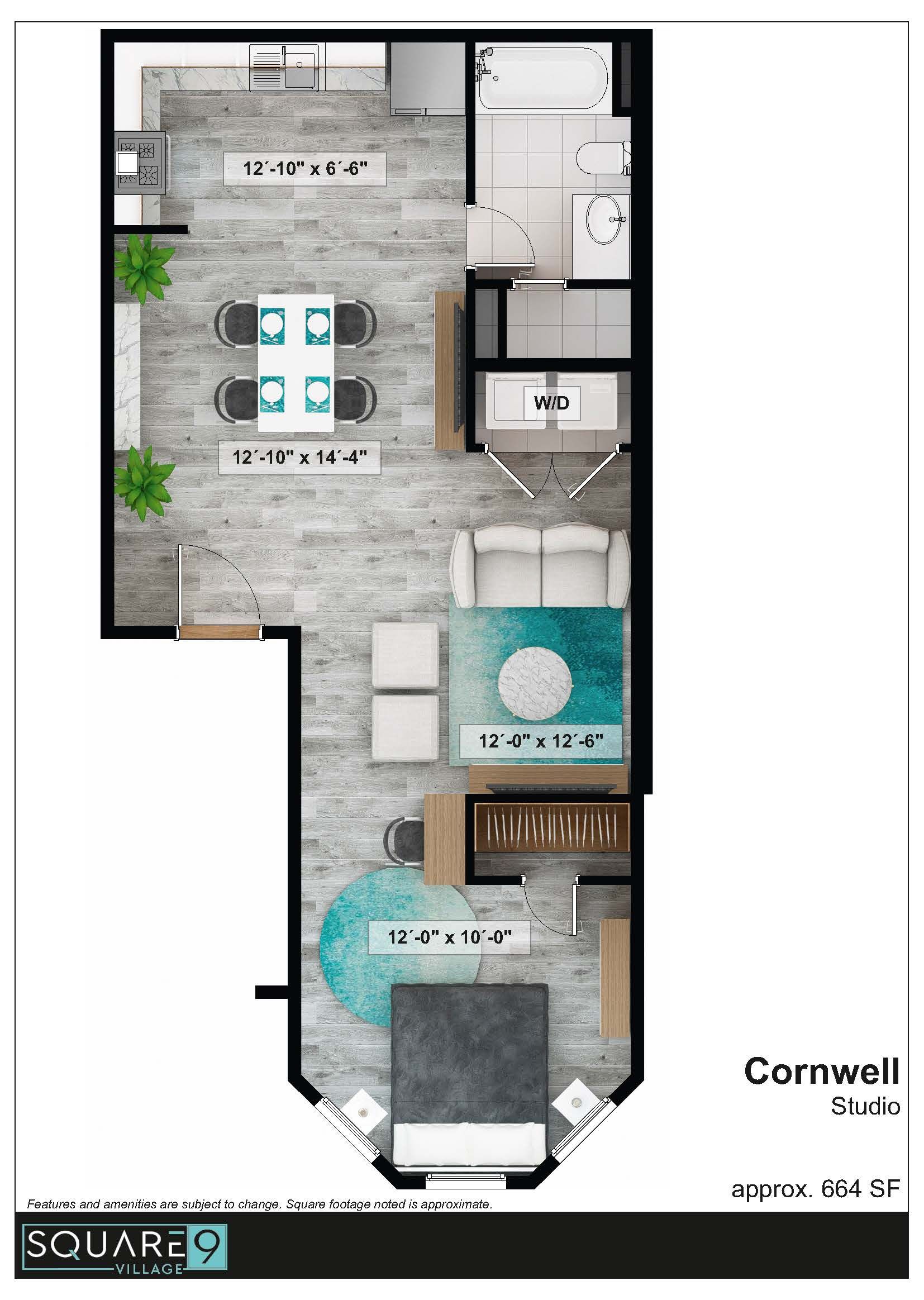 Floor plan: modern studio apartment with living, dining, kitchen, and bedroom areas. Blue, gray, white color scheme.