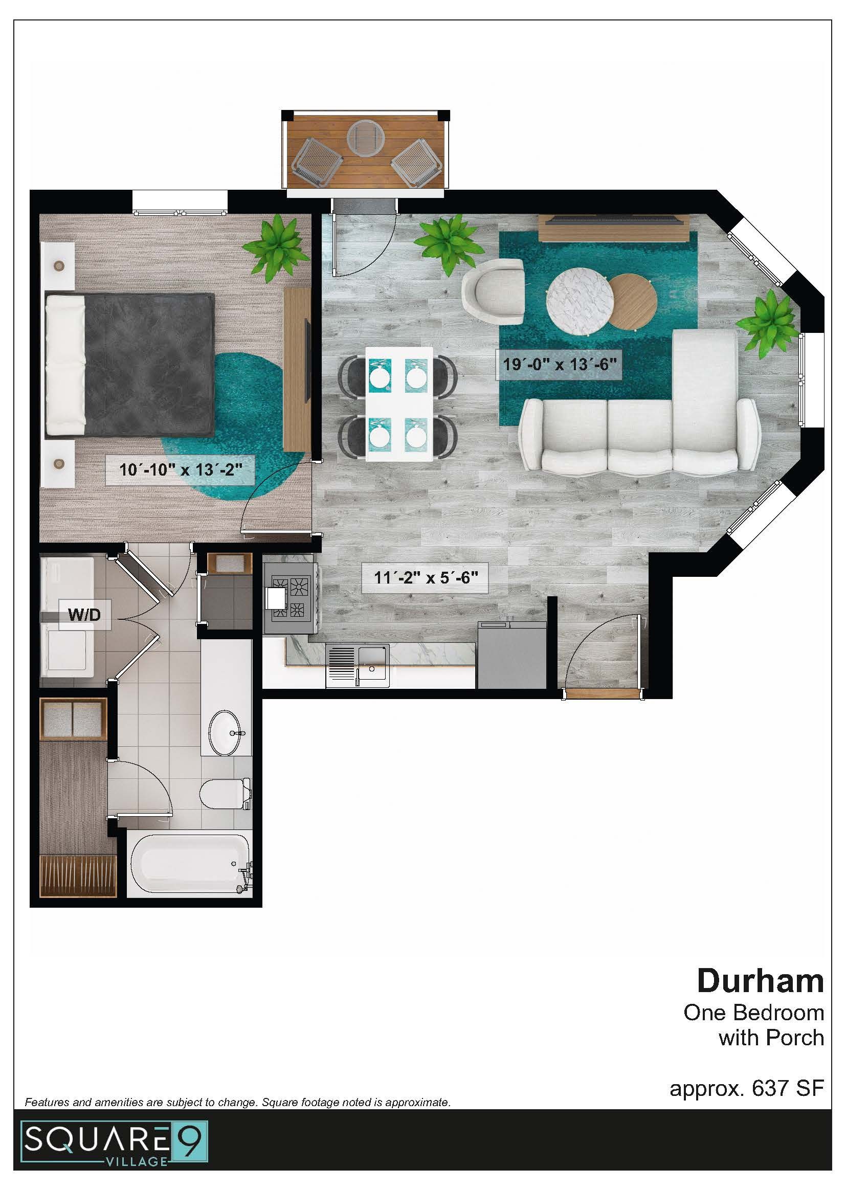 Floor plan of a Durham apartment, one bedroom, with living area, kitchen, and bathroom.