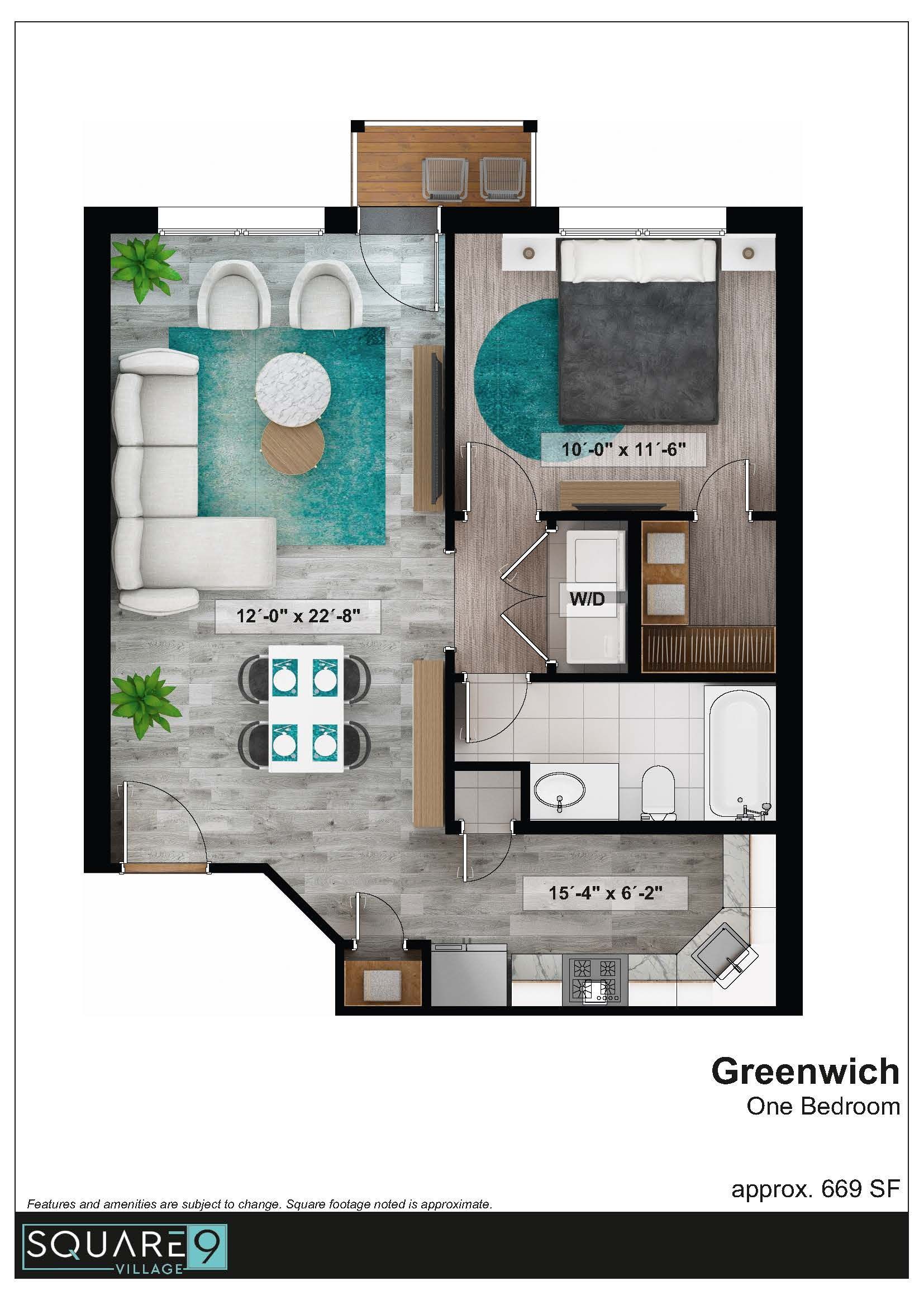 Floor plan of a Greenwich one-bedroom apartment with furniture layout.