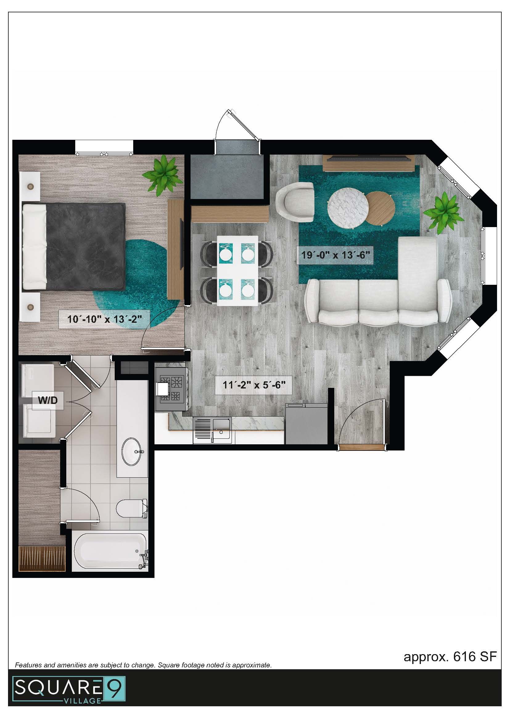 Floor plan of a furnished apartment; bedroom, living, dining, and kitchen areas in white, gray, and teal.