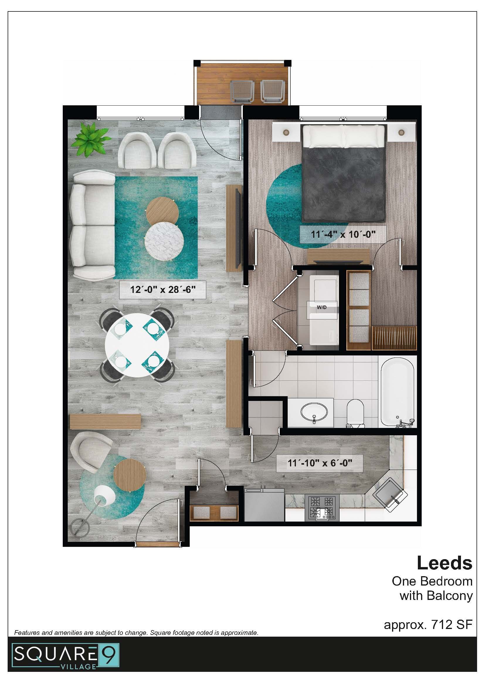 Floor plan of a one-bedroom apartment with living, dining, kitchen, bedroom, and bathroom.
