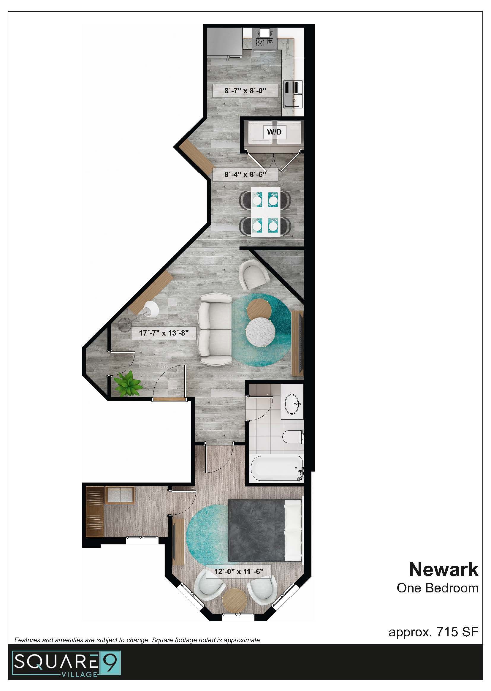 Floor plan of a one-bedroom apartment with living room, dining area, kitchen, bedroom, and bathroom.