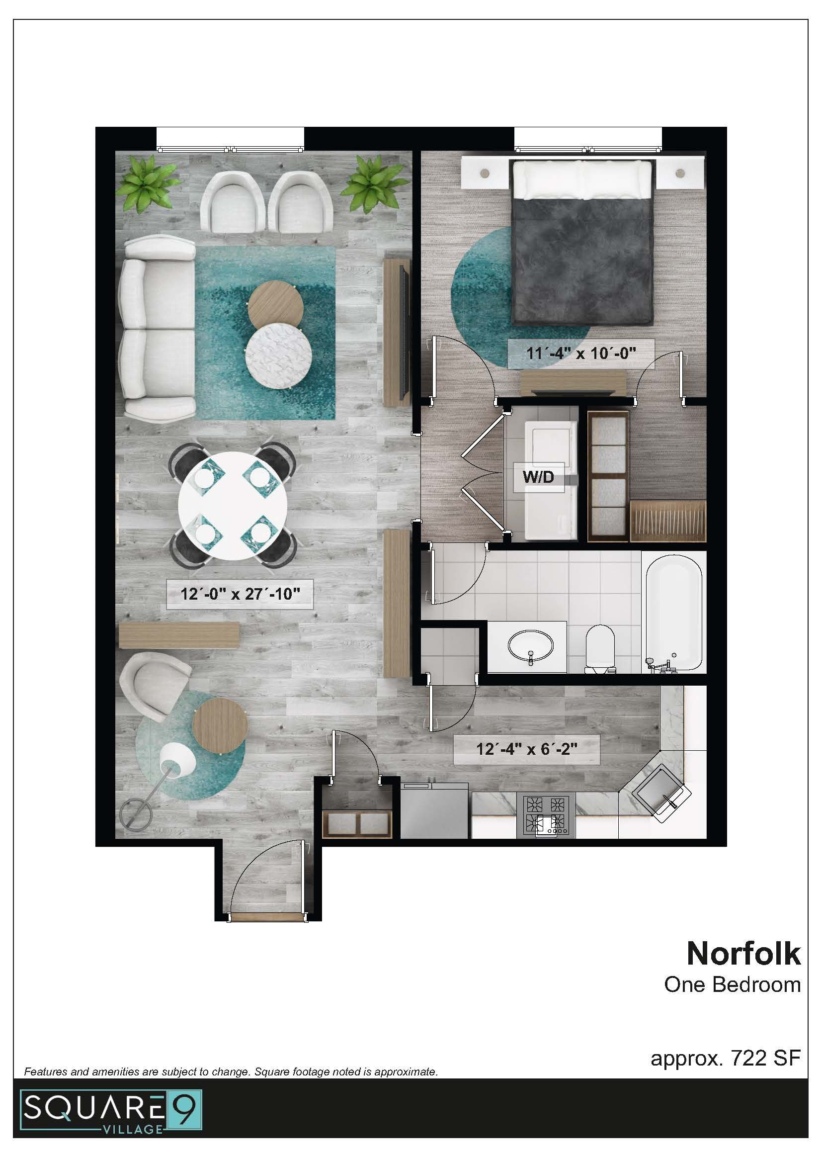 Floor plan of a one-bedroom apartment with living, dining, kitchen, and bedroom areas. Blue, white, and gray color scheme.