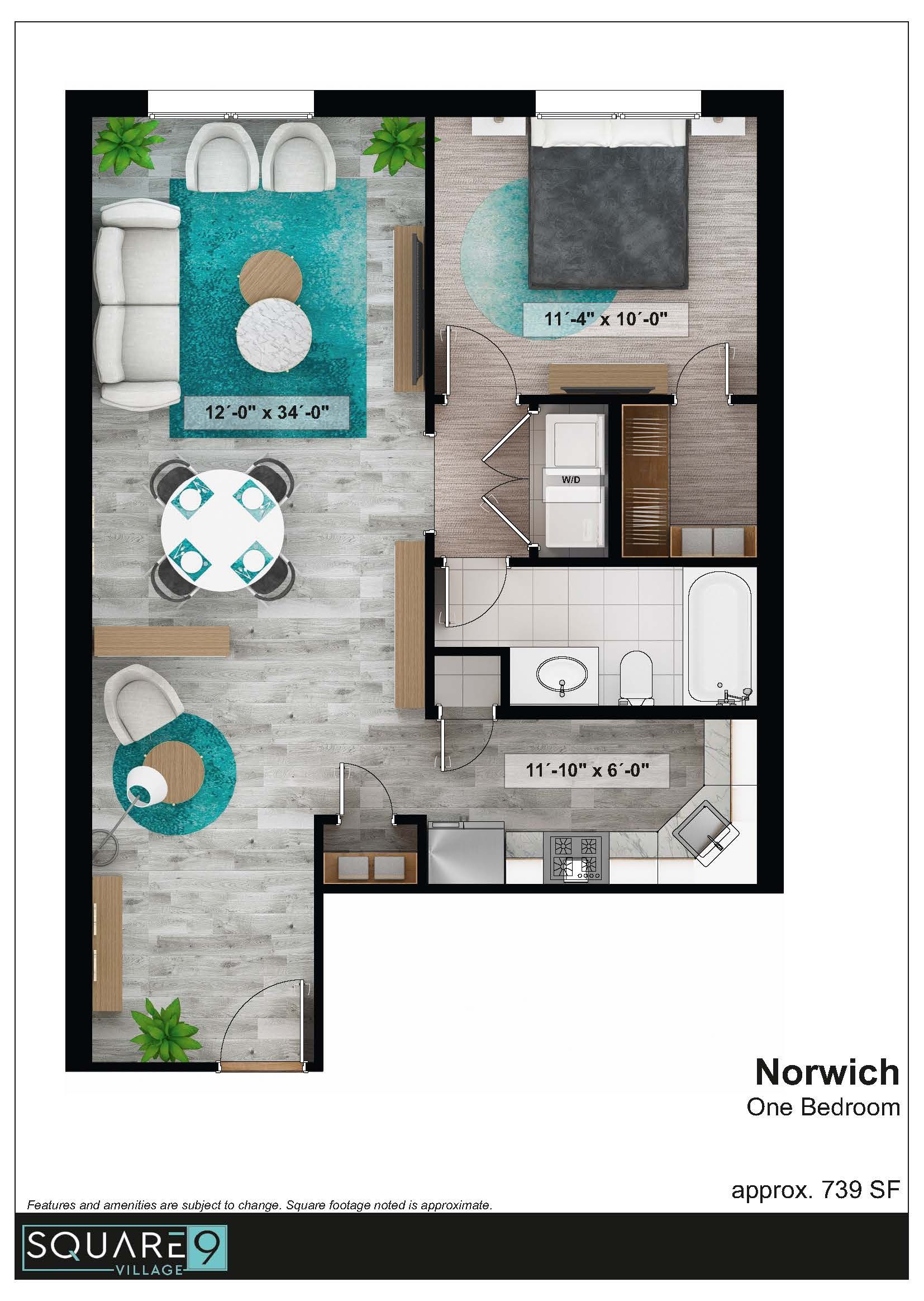 Floor plan of a one-bedroom apartment with teal and gray accents.