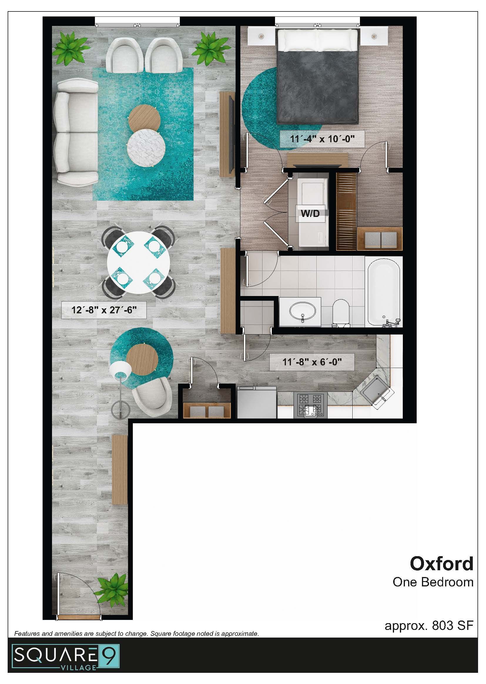 Floor plan of an Oxford studio apartment with furniture layout.