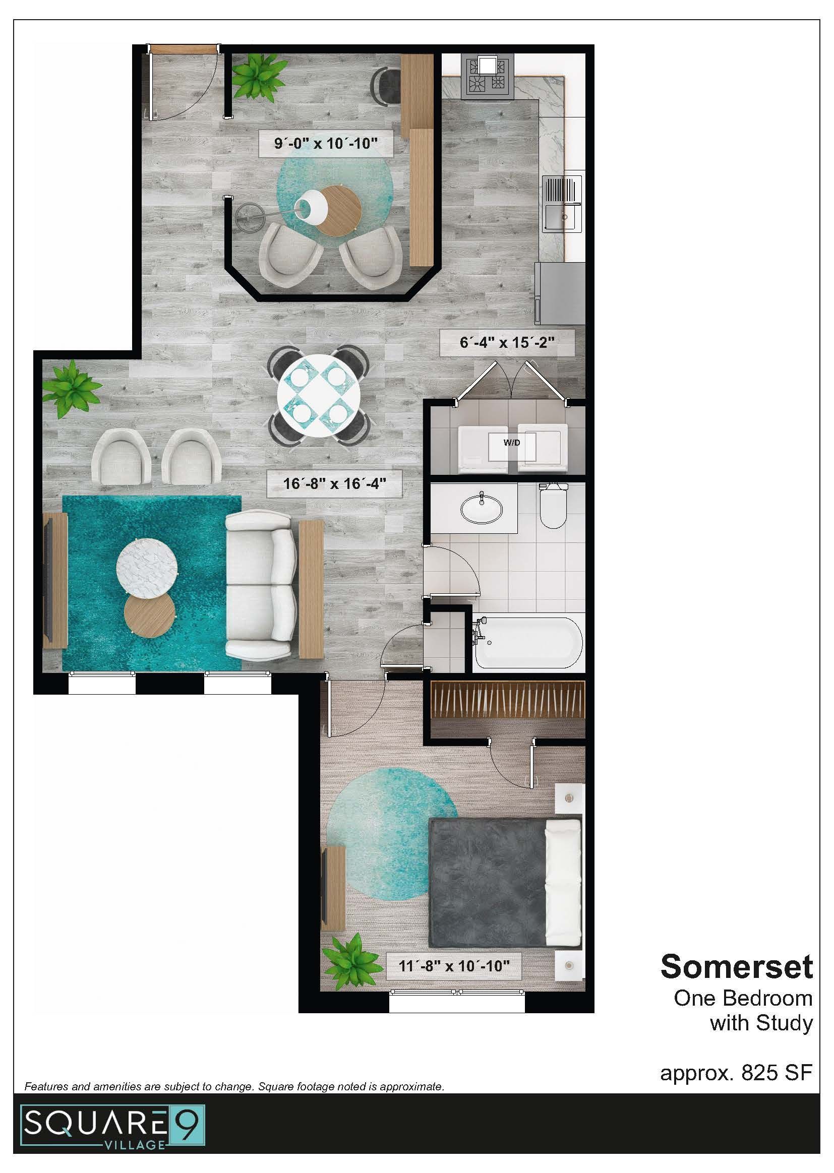 Floor plan of a one-bedroom apartment with living room, kitchen, and bathroom.
