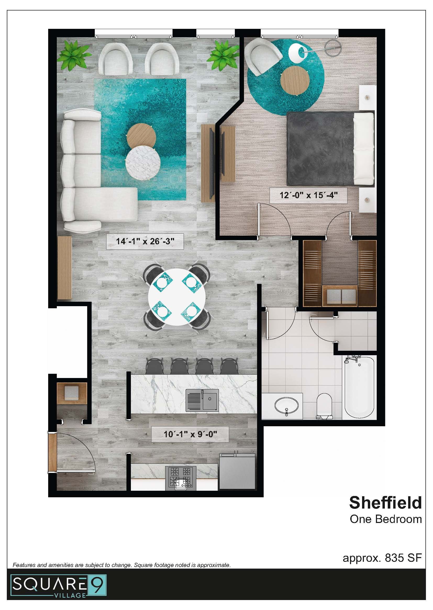 Floor plan of a one-bedroom apartment with living, dining, kitchen, and bathroom spaces.