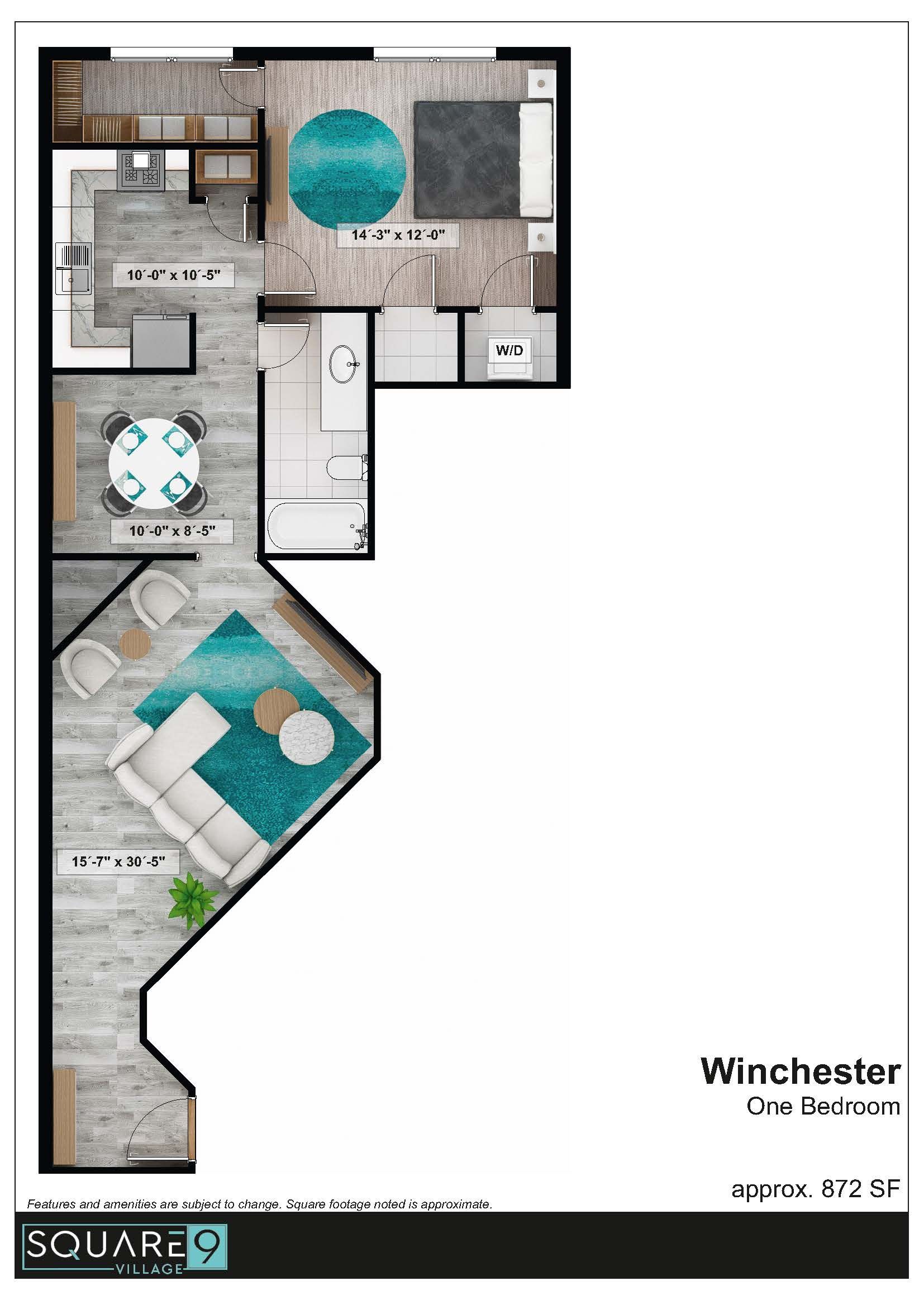 Floor plan of a Winchester one-bedroom apartment with living area, kitchen, dining area, and bedroom.