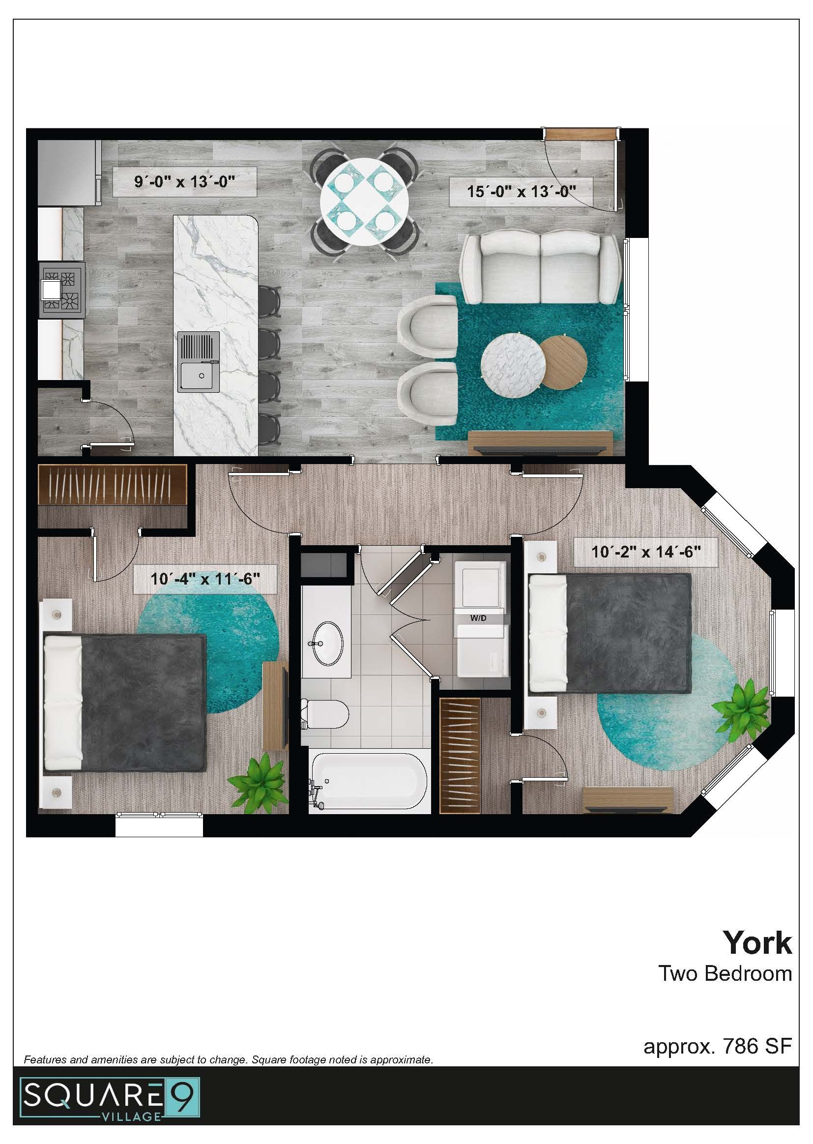 Floor plan of a two-bedroom apartment with a kitchen, dining area, living room, and two bedrooms.