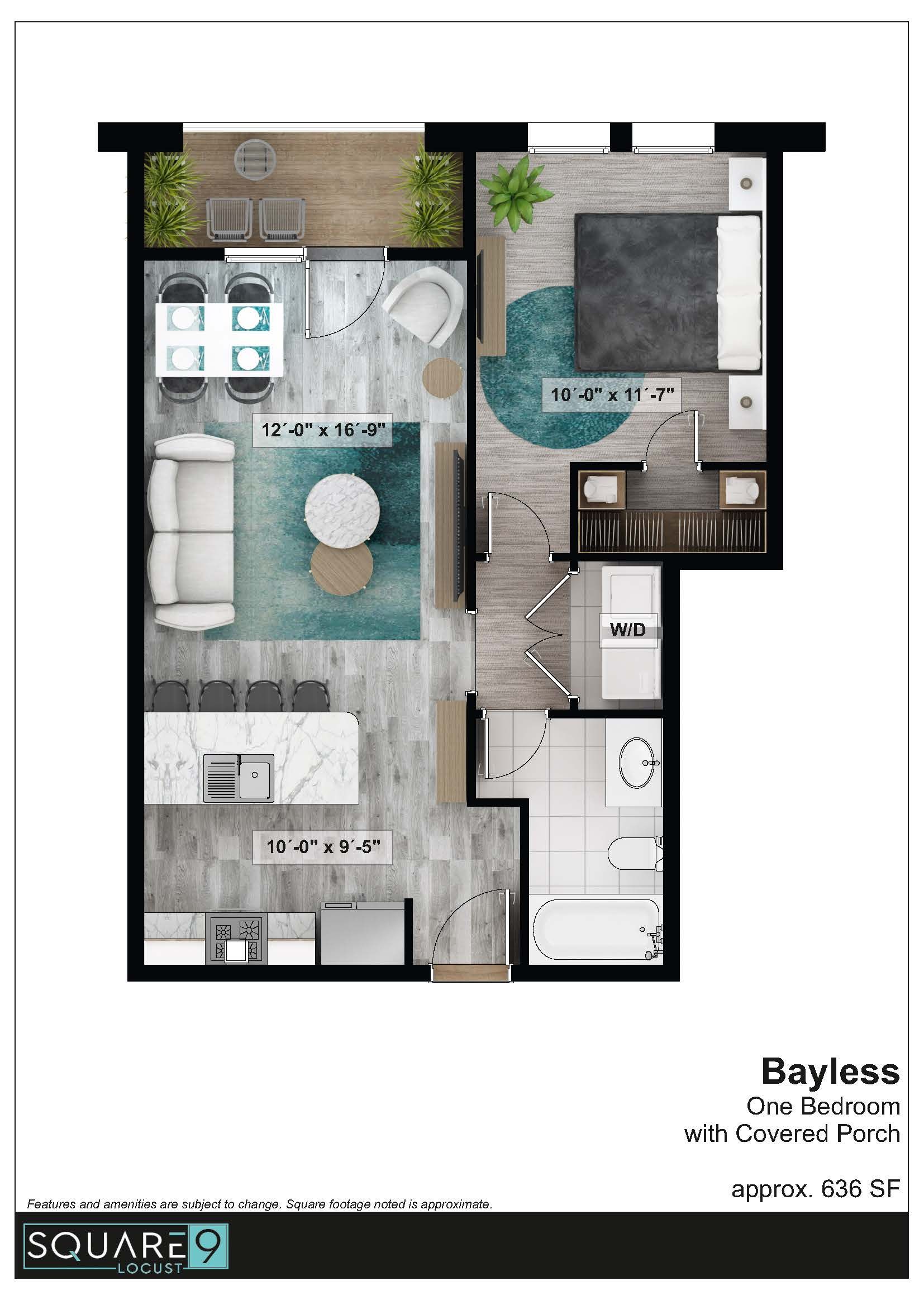 Floor plan of a modern apartment with kitchen, living area, bedroom, and balcony.