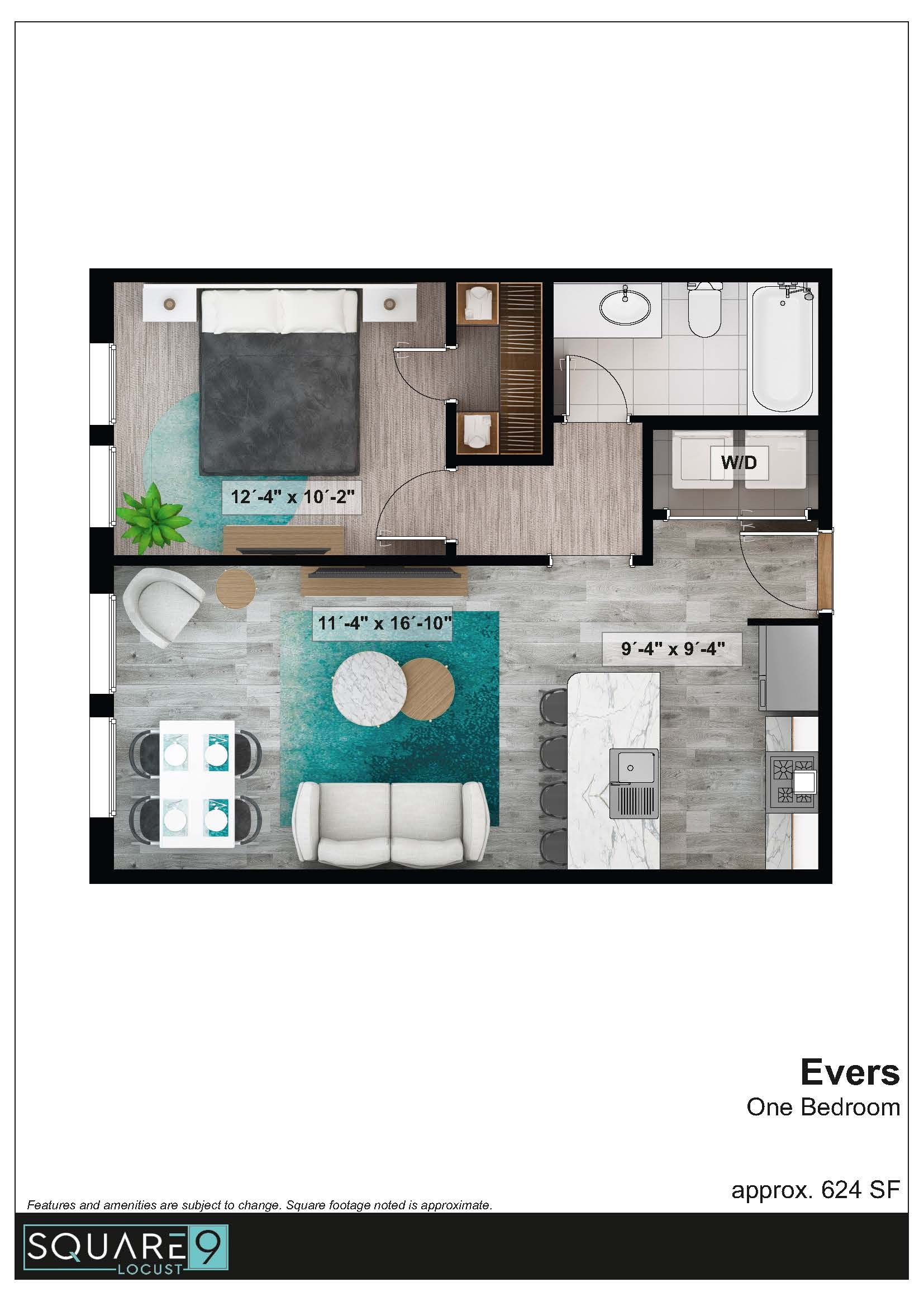 Floor plan of an apartment with a bedroom, bathroom, kitchen, dining area, and living room.