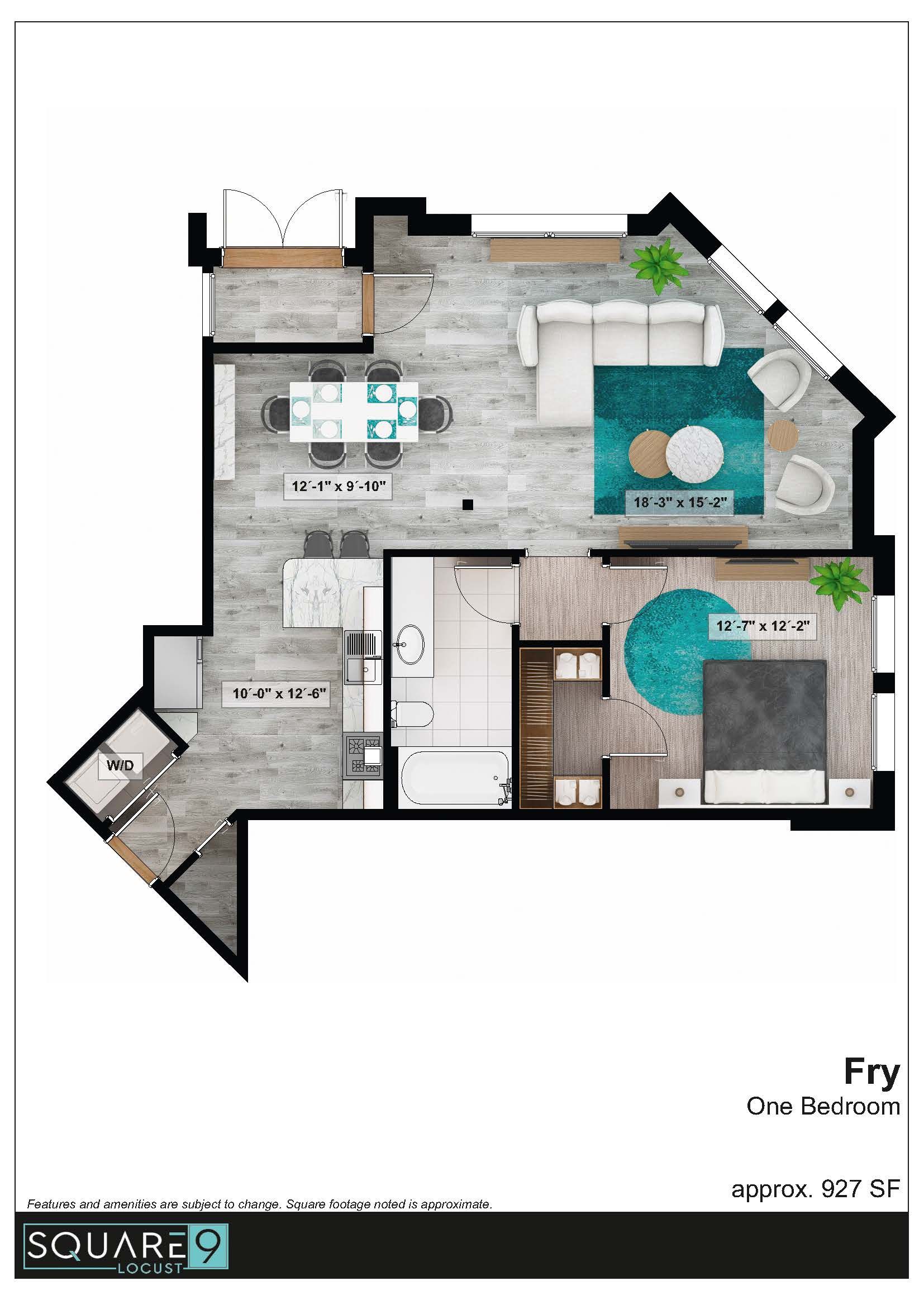 Floor plan of a one-bedroom apartment with a kitchen, living area, and bedroom, furnished with modern furniture and decor.
