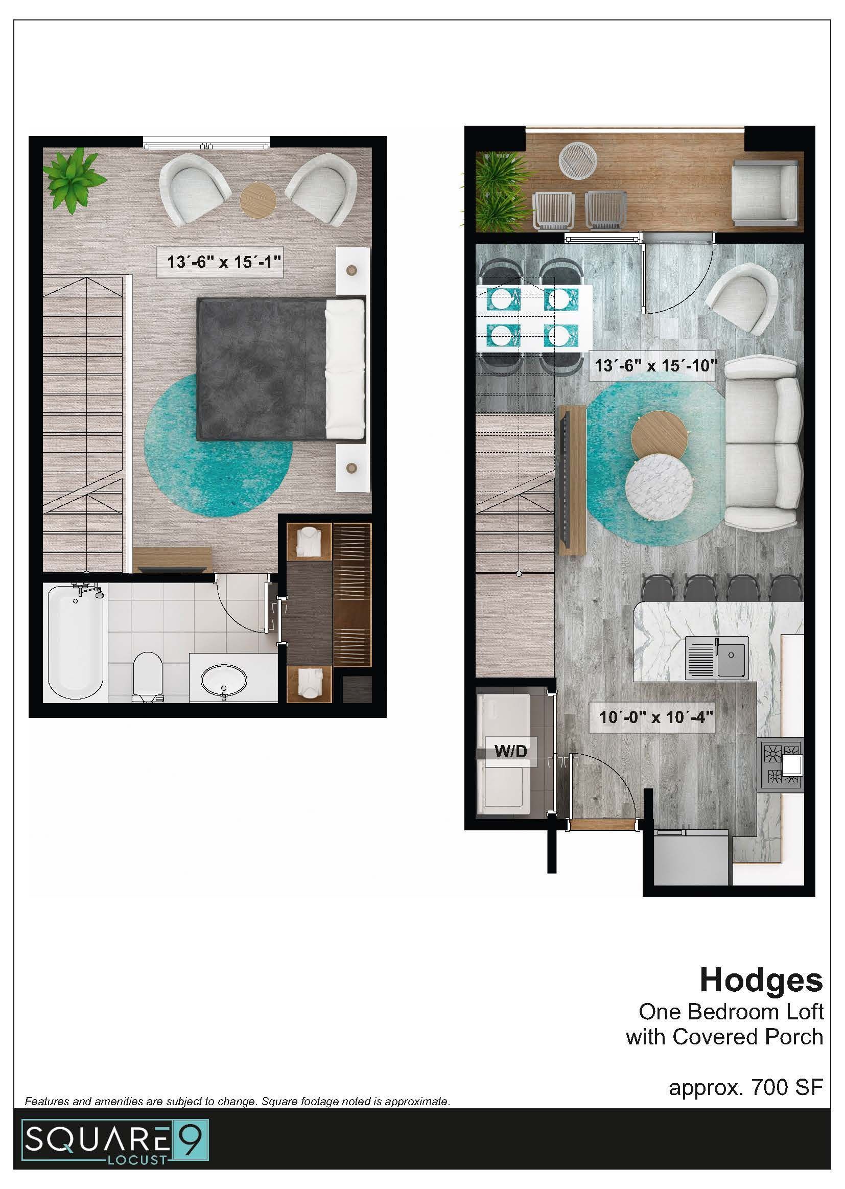 Floor plan of a one-bedroom apartment with furniture layout, modern design.