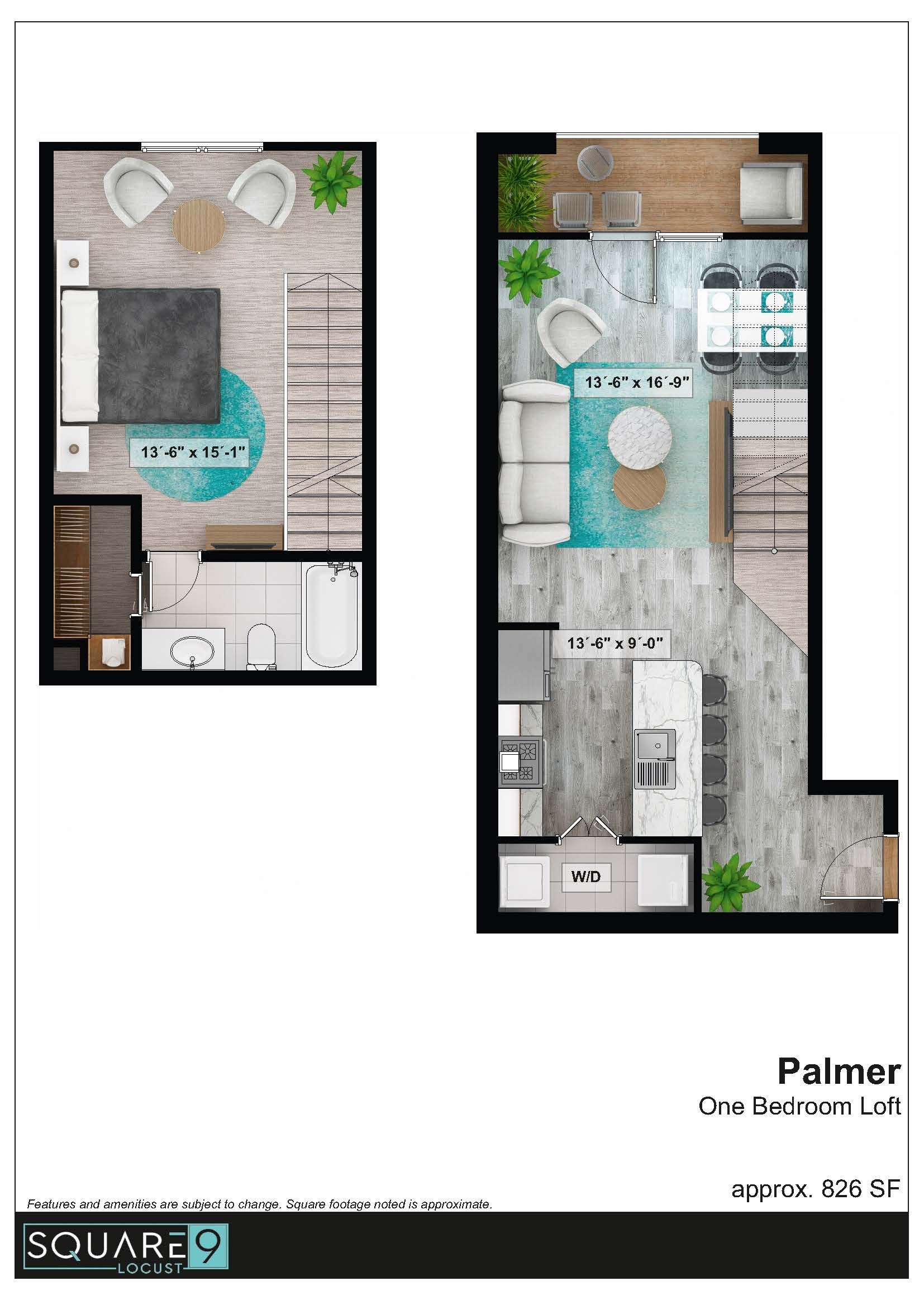 Floor plan: one-bedroom apartment, black borders, shows a bedroom and a living area, turquoise accents, neutral colors.
