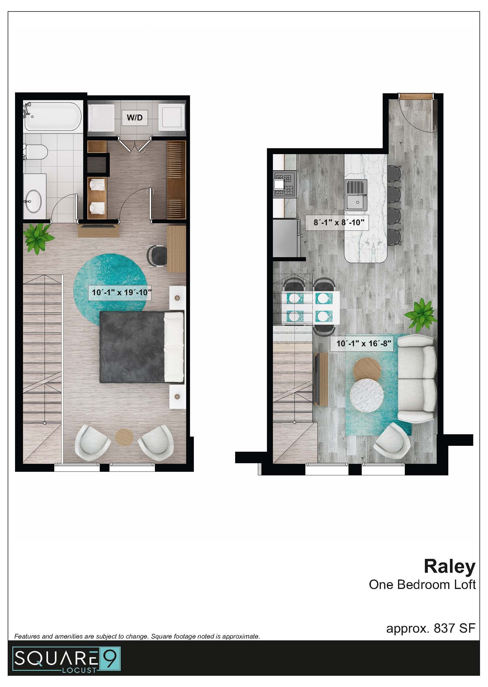 Floor plans of two studio apartments: Raley, one bedroom, with furniture layouts.