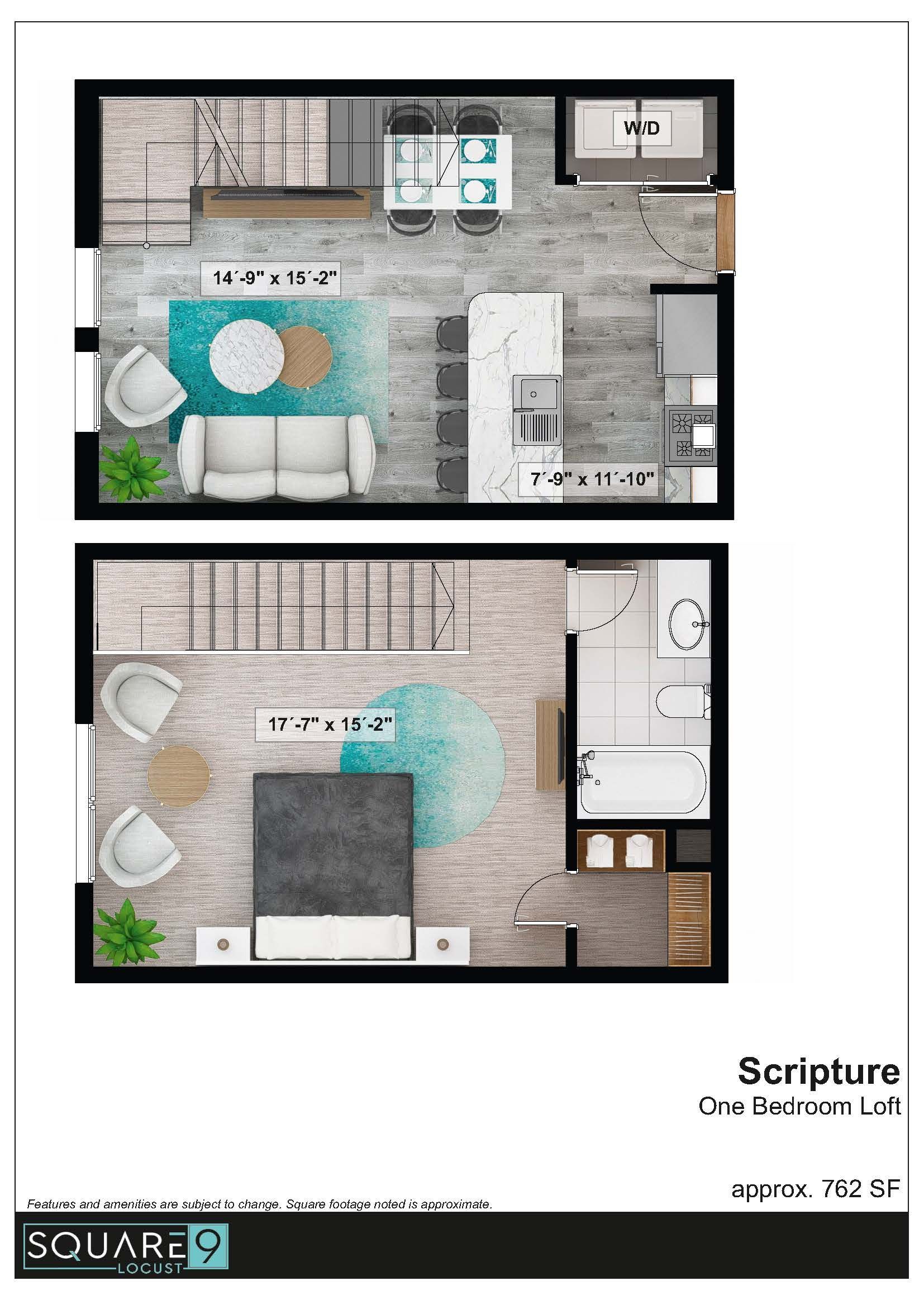 Floor plan of a loft-style apartment: living area above, bedroom below. Gray, blue, white, and wood tones.
