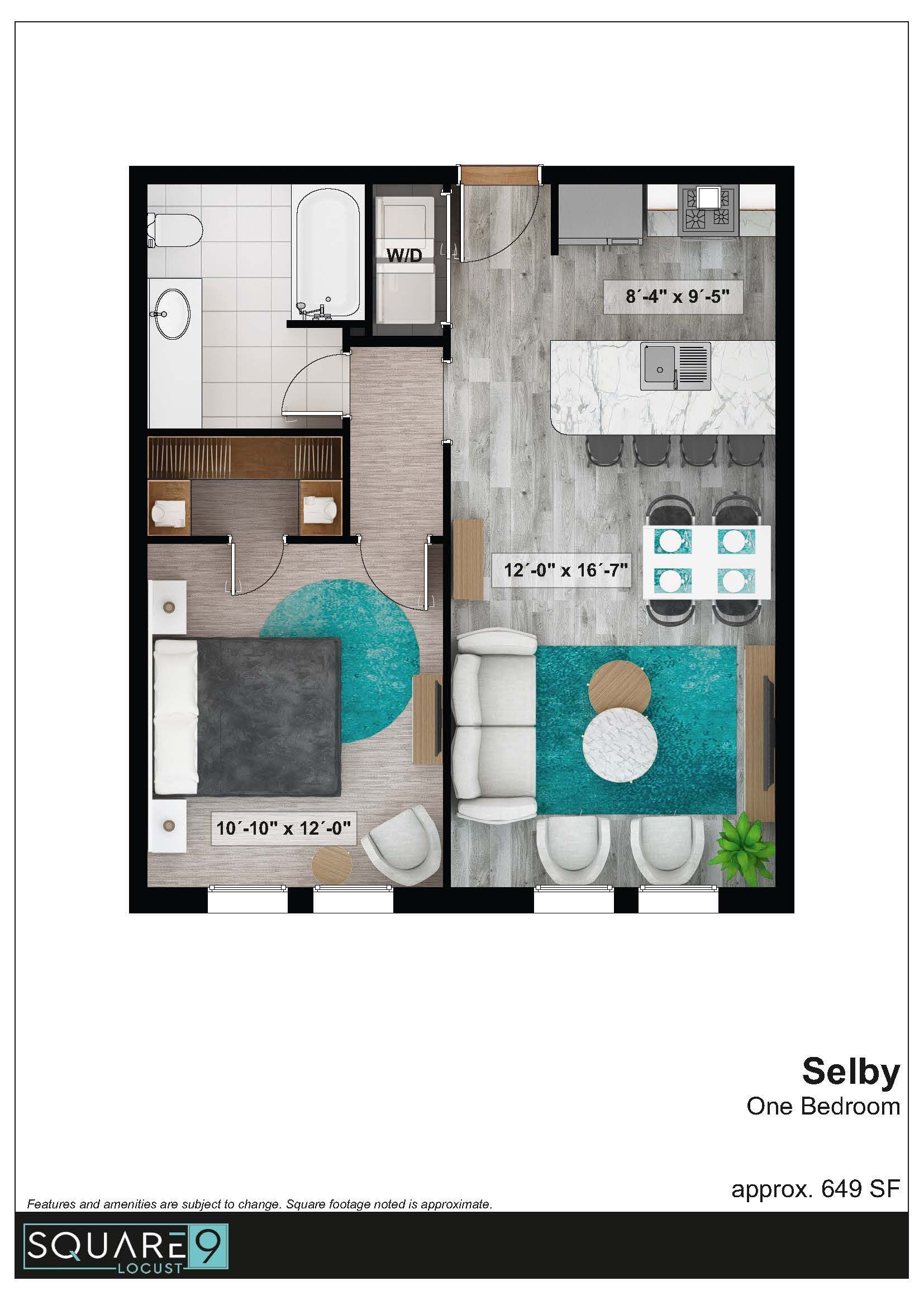 Floor plan of a studio apartment, featuring kitchen, bathroom, bedroom and living area, with teal accents.