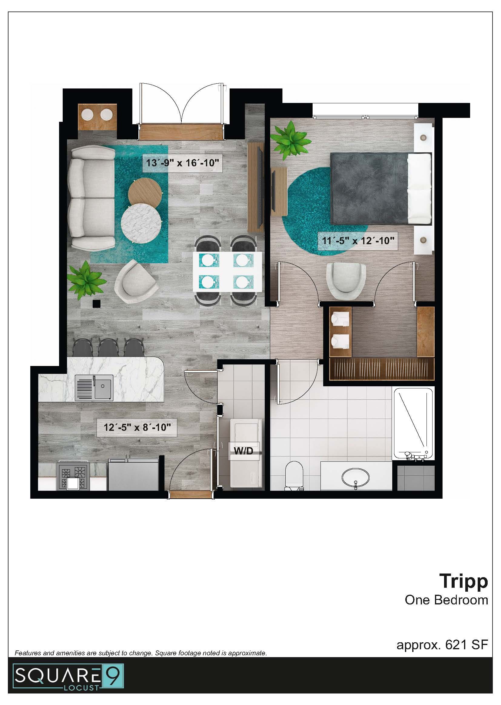 Floor plan of a one-bedroom apartment with living, dining, kitchen, and bedroom areas; modern design.
