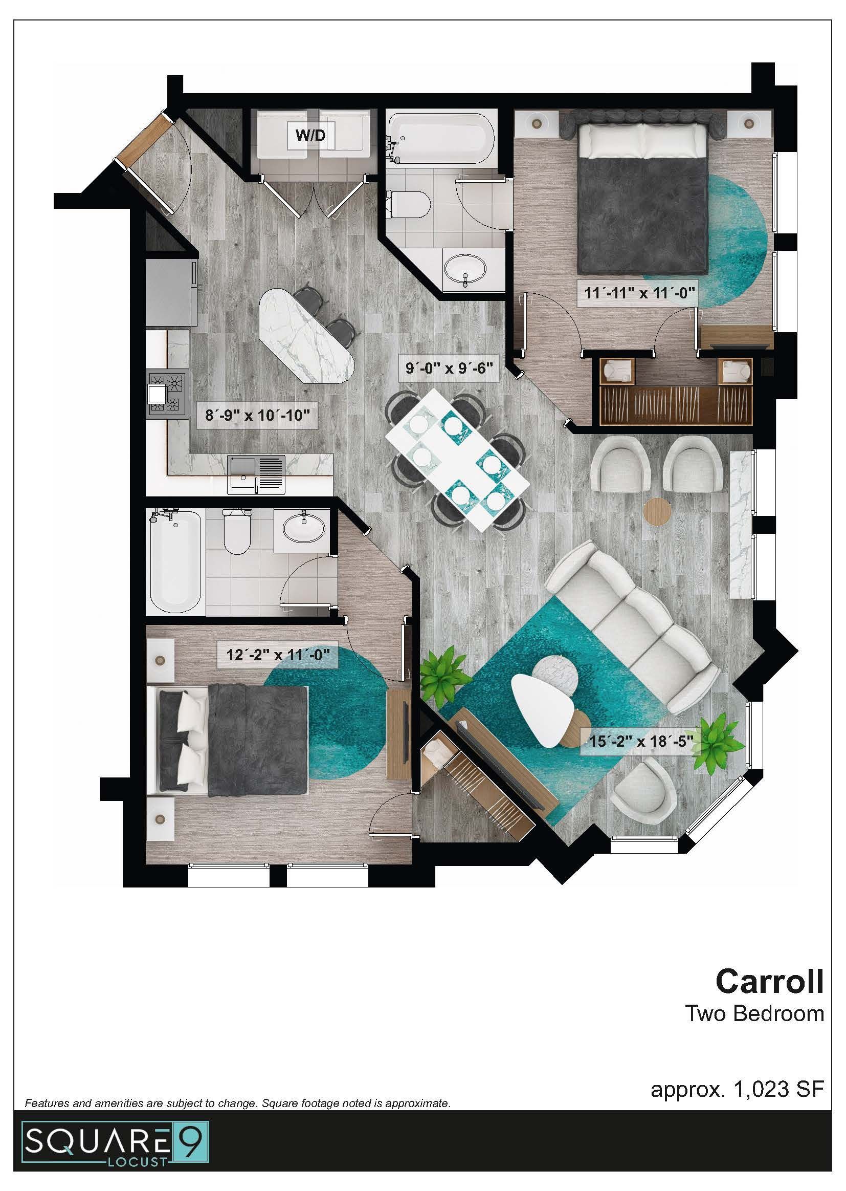 Floor plan of an apartment with a kitchen, living room, and two bedrooms; teal accents.