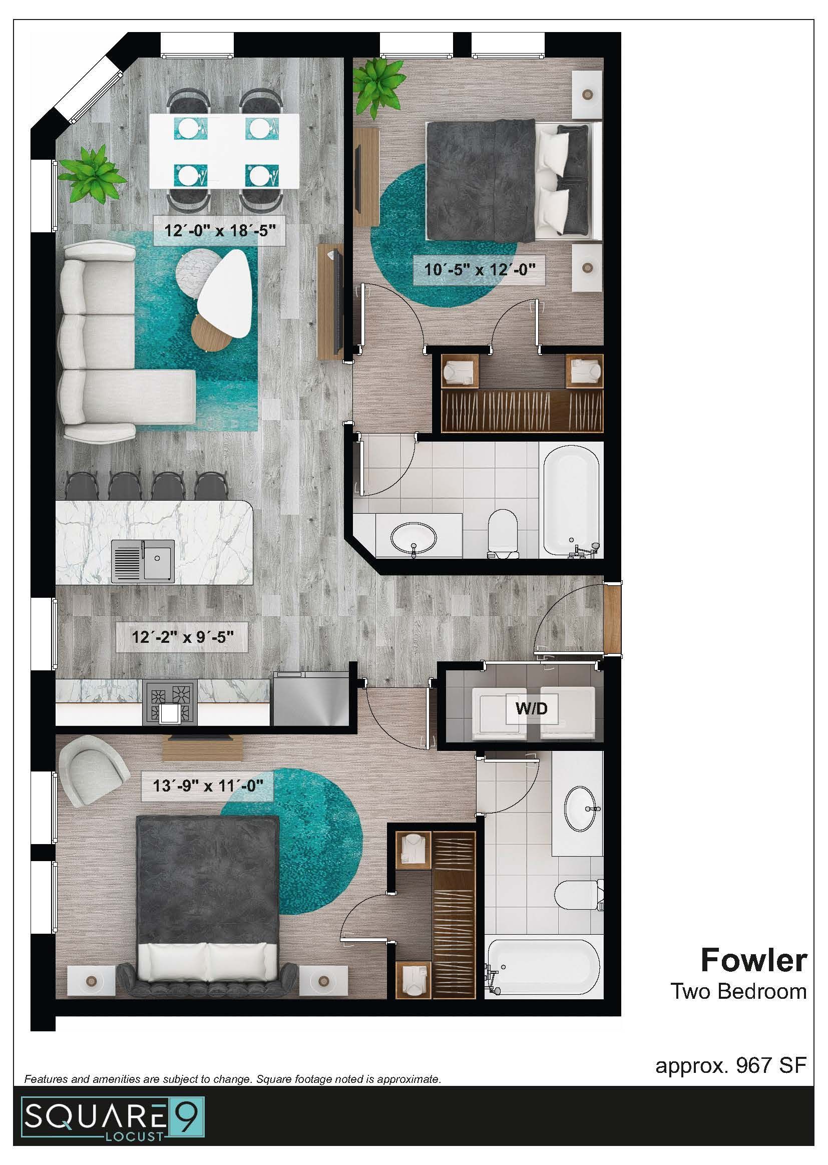 Apartment floor plan with living area, kitchen, two bedrooms, and two bathrooms; teal accents.