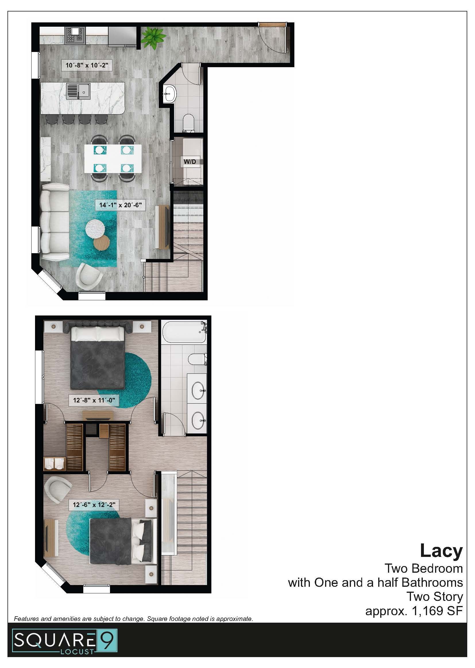 Floor plan of a two-bedroom apartment, including kitchen, living room, and two bedrooms with turquoise rugs.