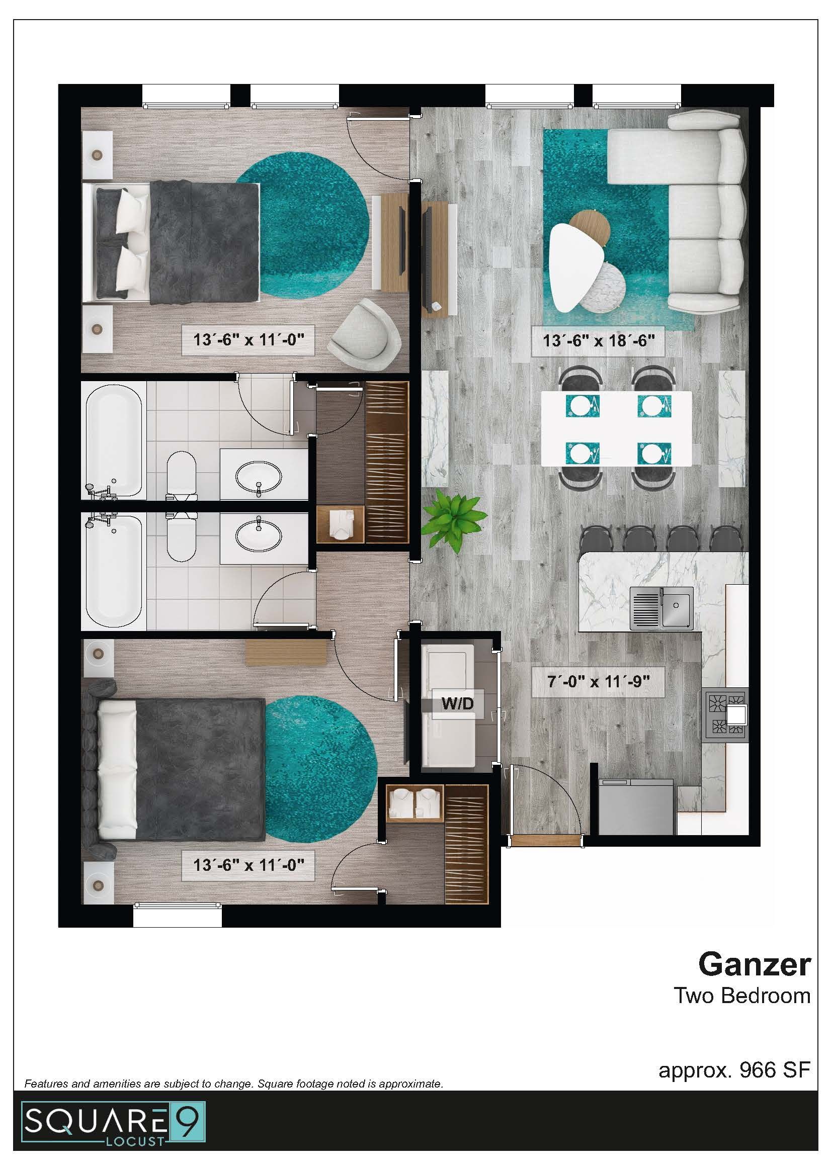 Floor plan of a 2-bedroom apartment with teal accents and modern furniture.