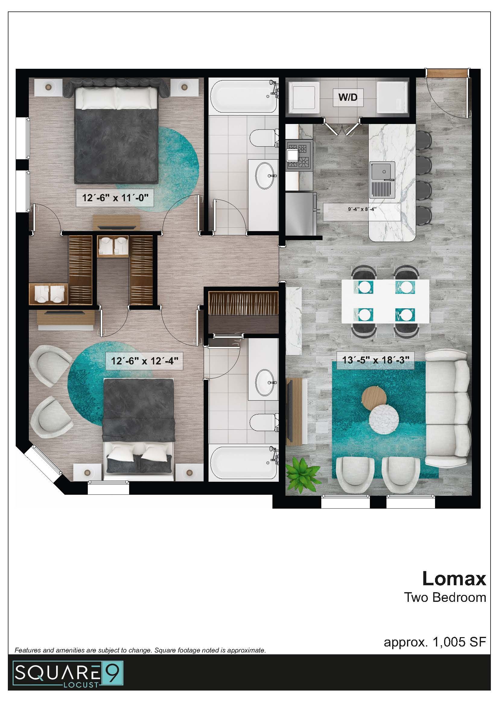 Floor plan of a two-bedroom apartment with a kitchen, dining area, and living room.
