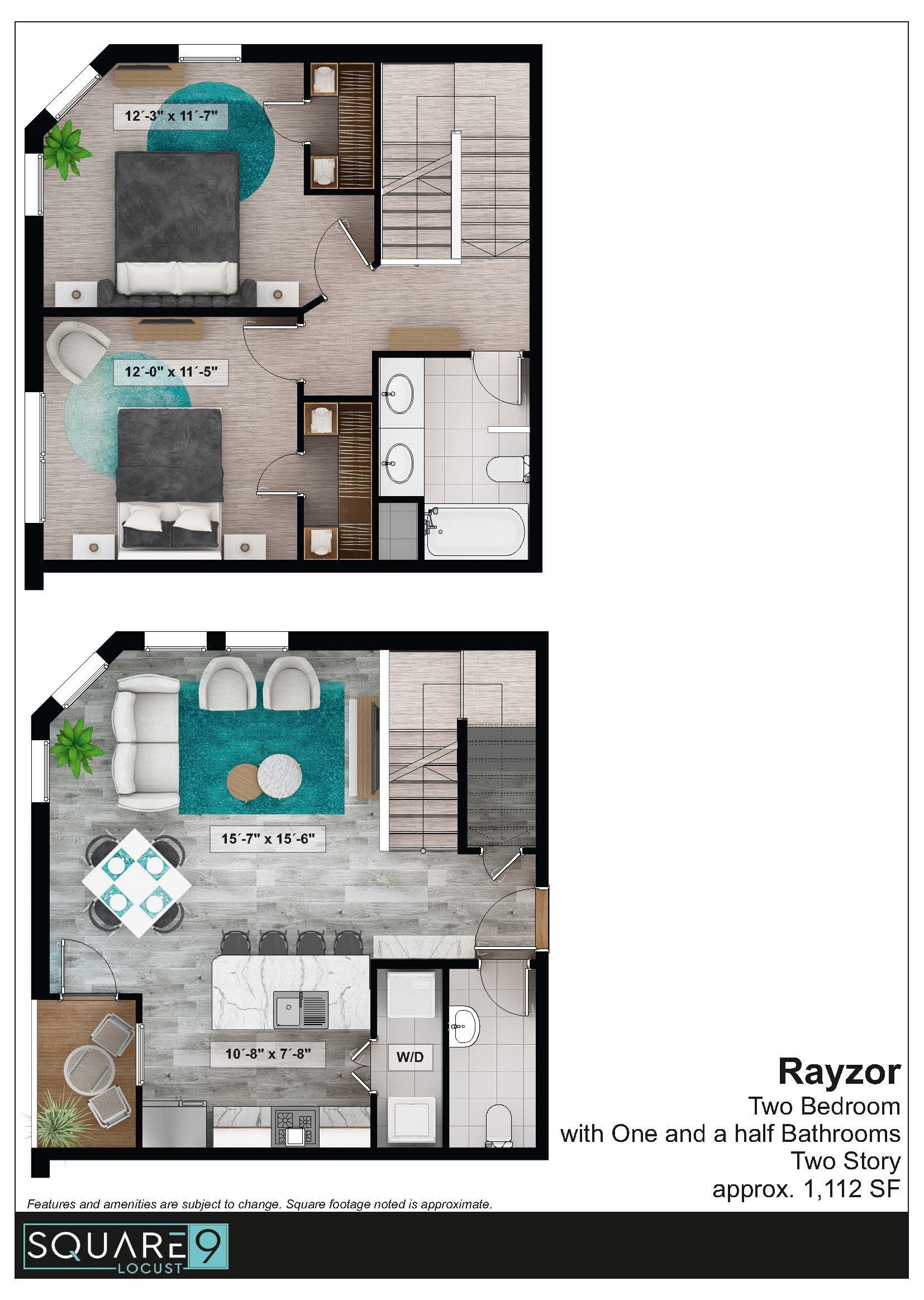 Floor plan of a two-story apartment, featuring bedrooms, bathrooms, a living area, and a kitchen.