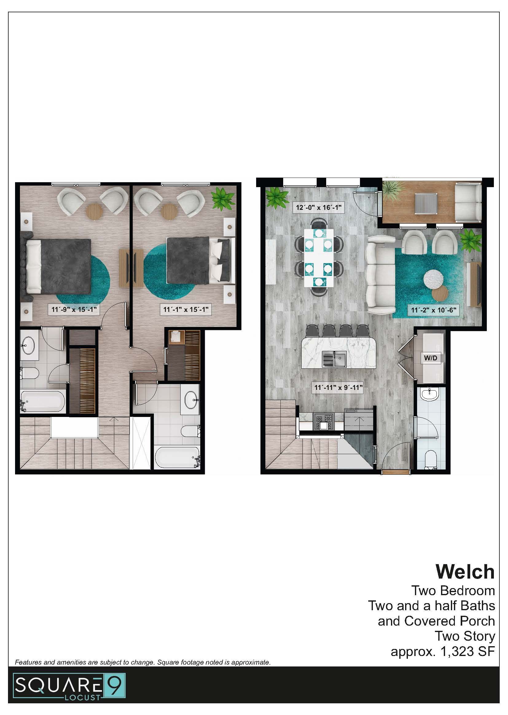 Floor plan of Welch two-story townhouse with bedrooms and living areas.