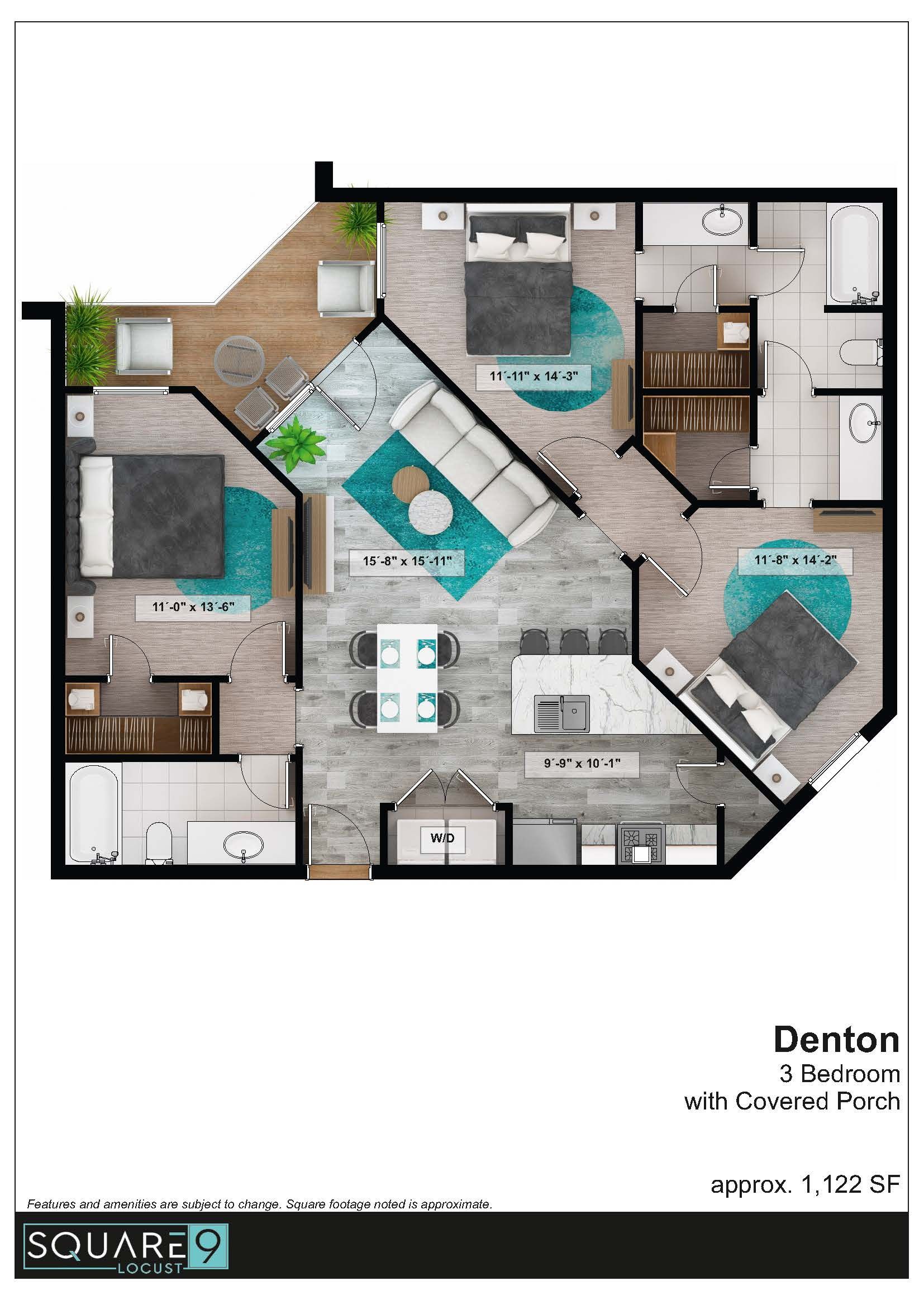 Floor plan of an apartment with three bedrooms and a kitchen.