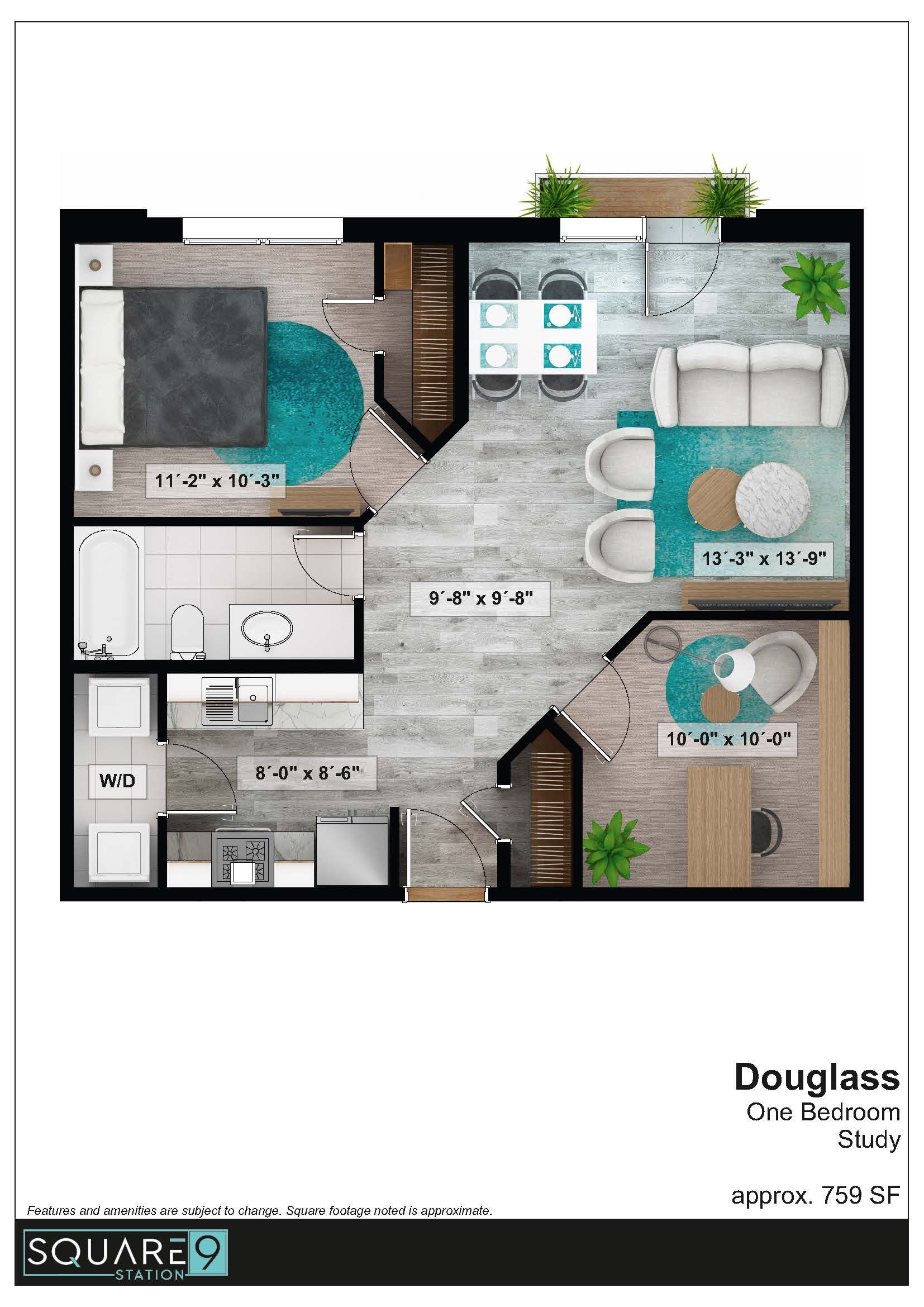Floor plan of a one-bedroom apartment with living, dining, and bedroom areas. It uses blue and gray colors.