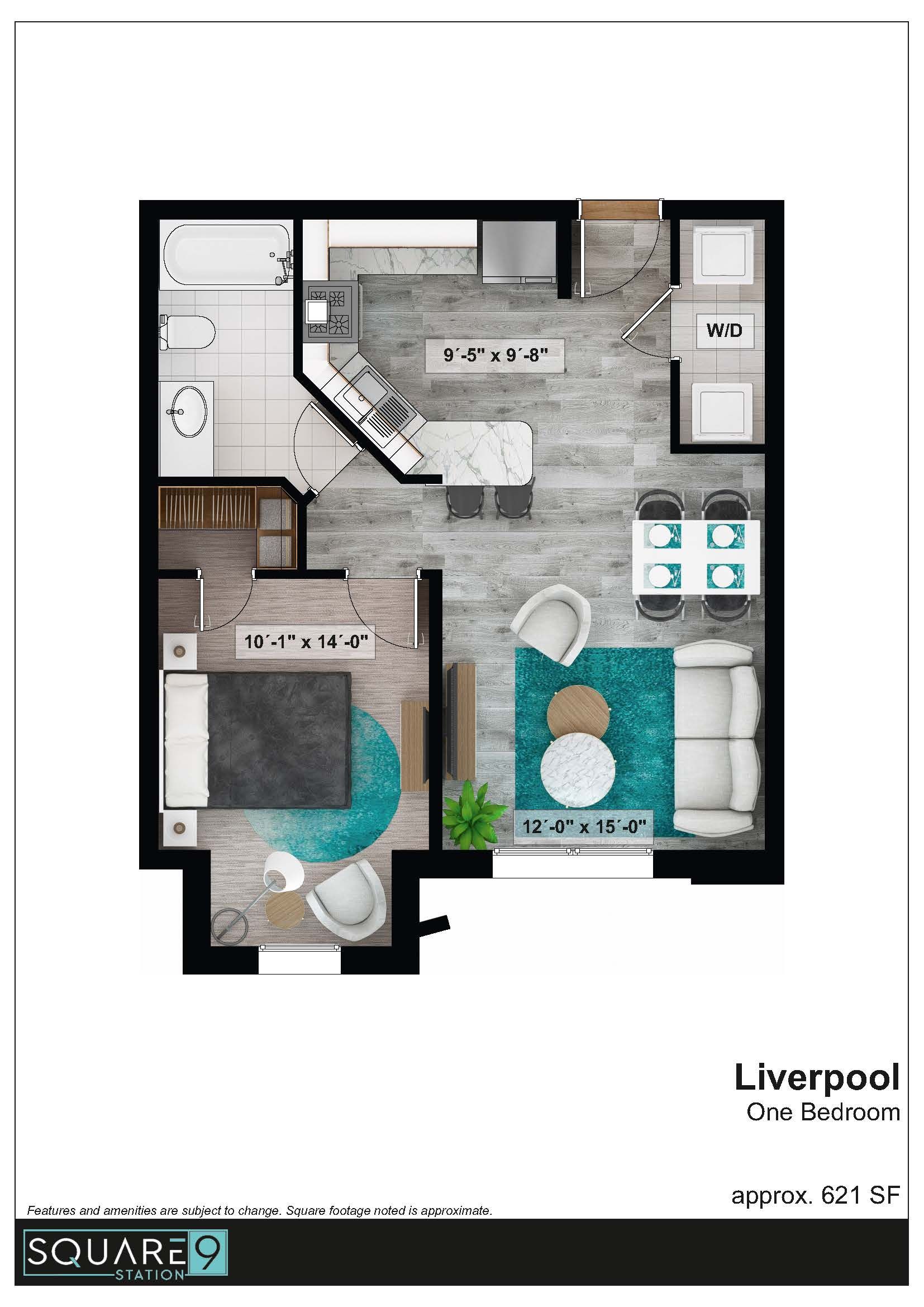 Floor plan of a Liverpool apartment with kitchen, living room, dining area, and bedroom.